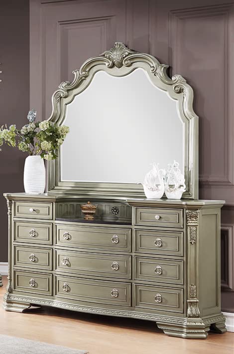 GTU Furniture 5-Piece Upholstered Solid Wood Queen Bedroom Set - Queen Bed, Dresser, Mirror, Chest & Nightstand in Jungle Green/Silver - Perfect for Modern Bedroom Decor & Guest Room Setup