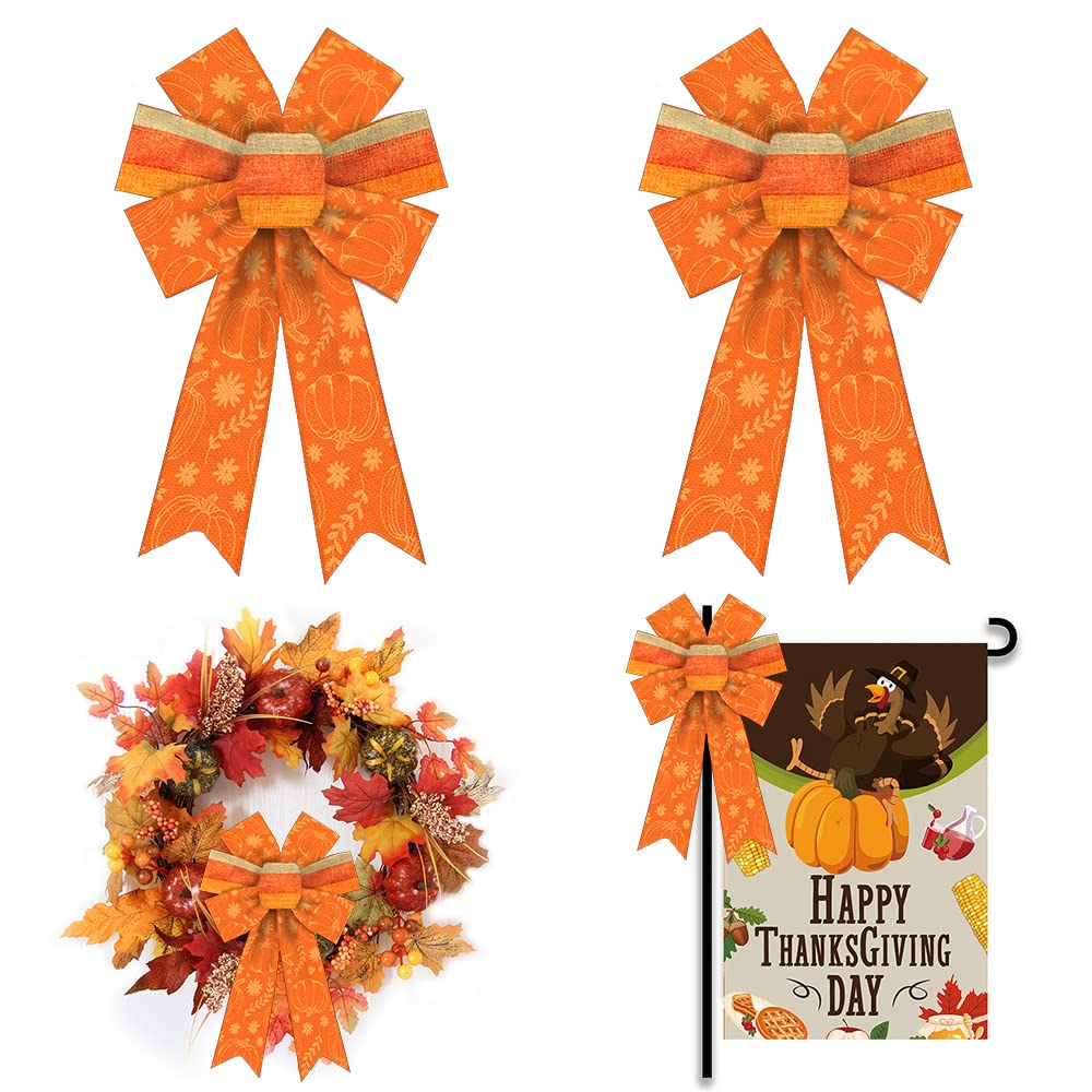 ALIBBON 2Pcs Fall Wreath Bows - Thanksgiving Decorations with Orange Stripes & Pumpkin Leaves - Burlap Bows for Indoor/Outdoor Door & Wall Decor - Perfect for Autumn Front Door Wreaths, Thanksgiving Home Decor & Seasonal Party Decorations