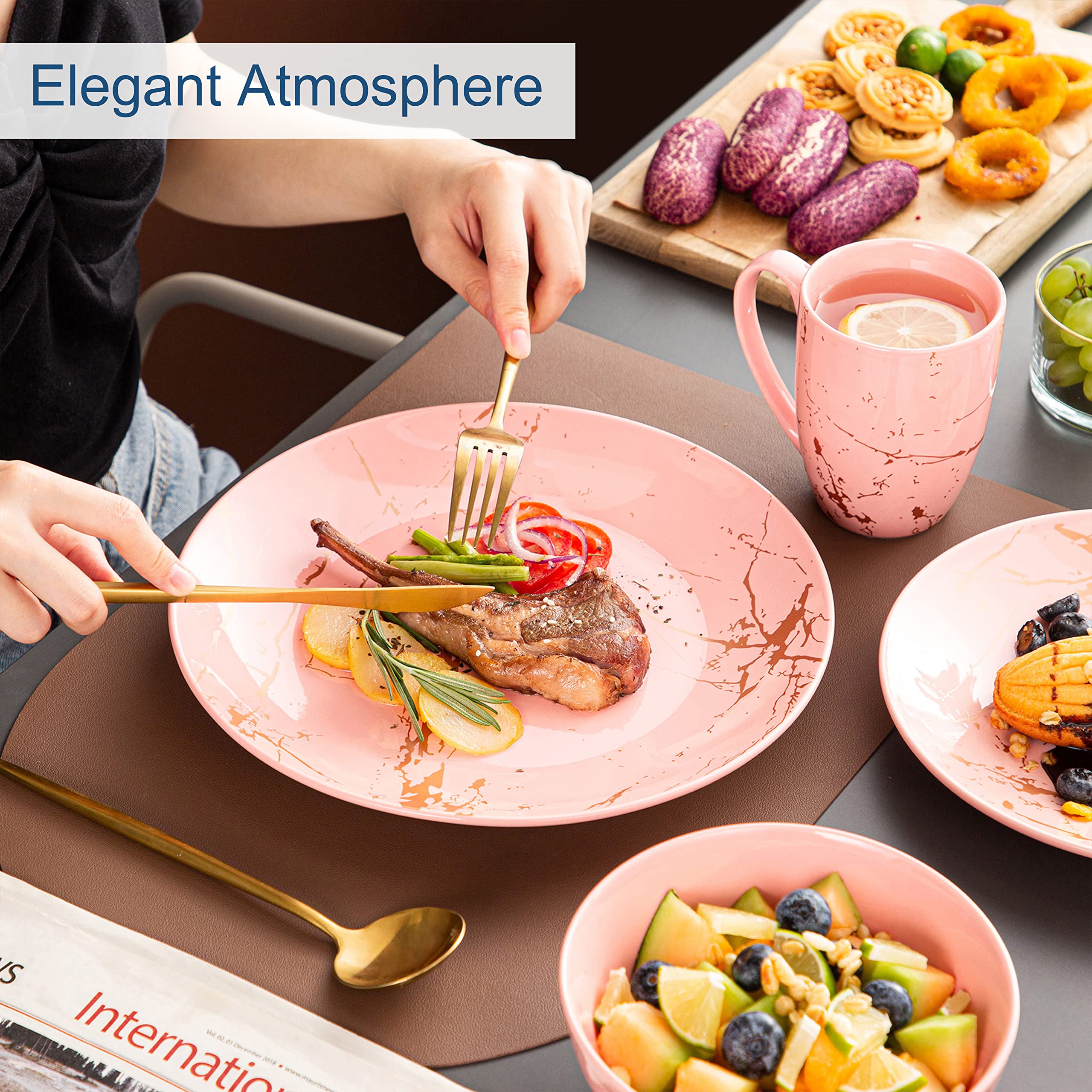 LOVECASA 32-Piece Porcelain Dinnerware Set for 8 - Pink Plates & Bowls with Gold Splash Glaze, Modern Ceramic Dish Set, Dishwasher & Microwave Safe - Perfect for Family Dinners, Parties & Restaurant Use
