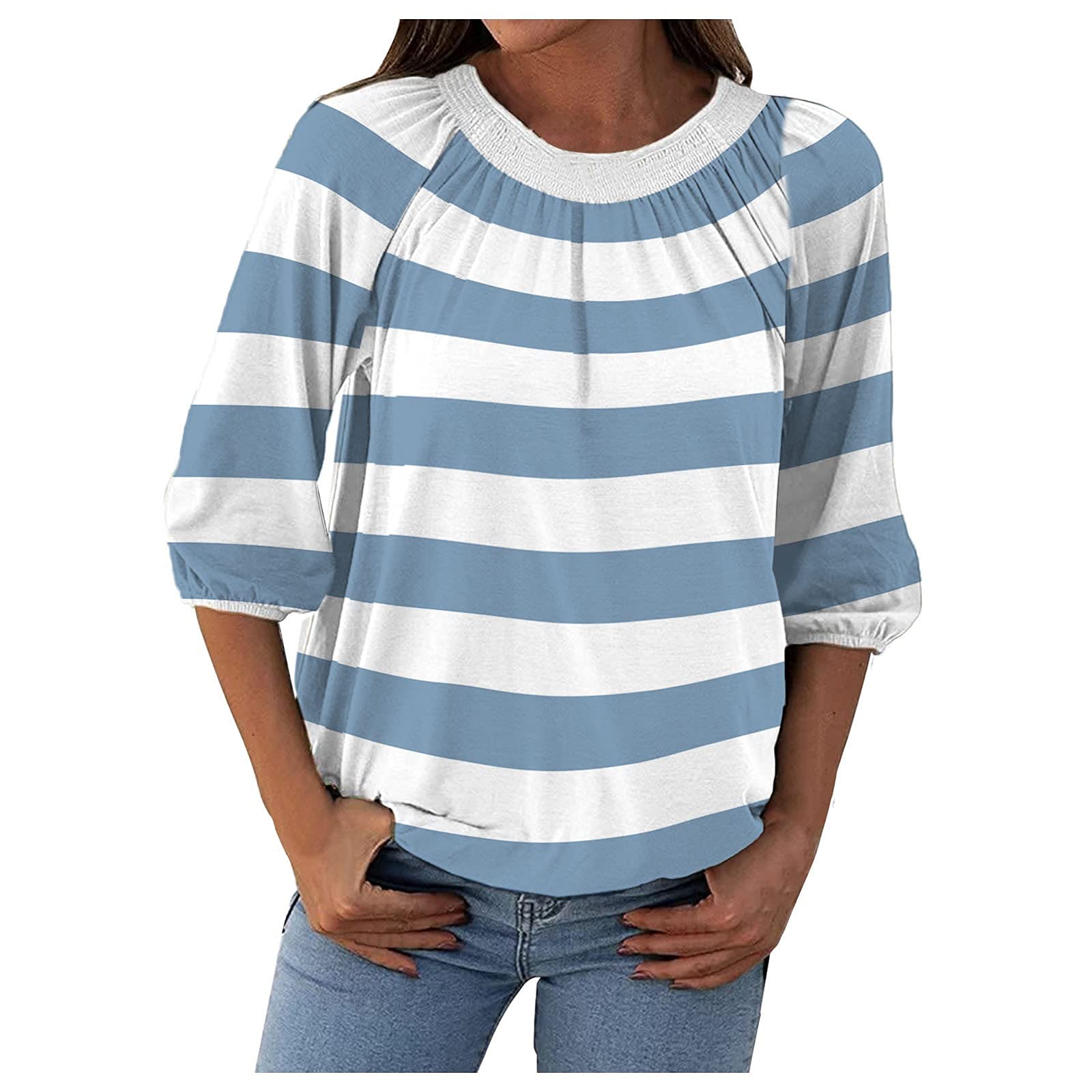 Crown Series Women's Casual Long Sleeve Round Neck Striped Print Blouse - Loose Fit Comfortable Shirt for Work, Weekend & Fall Fashion