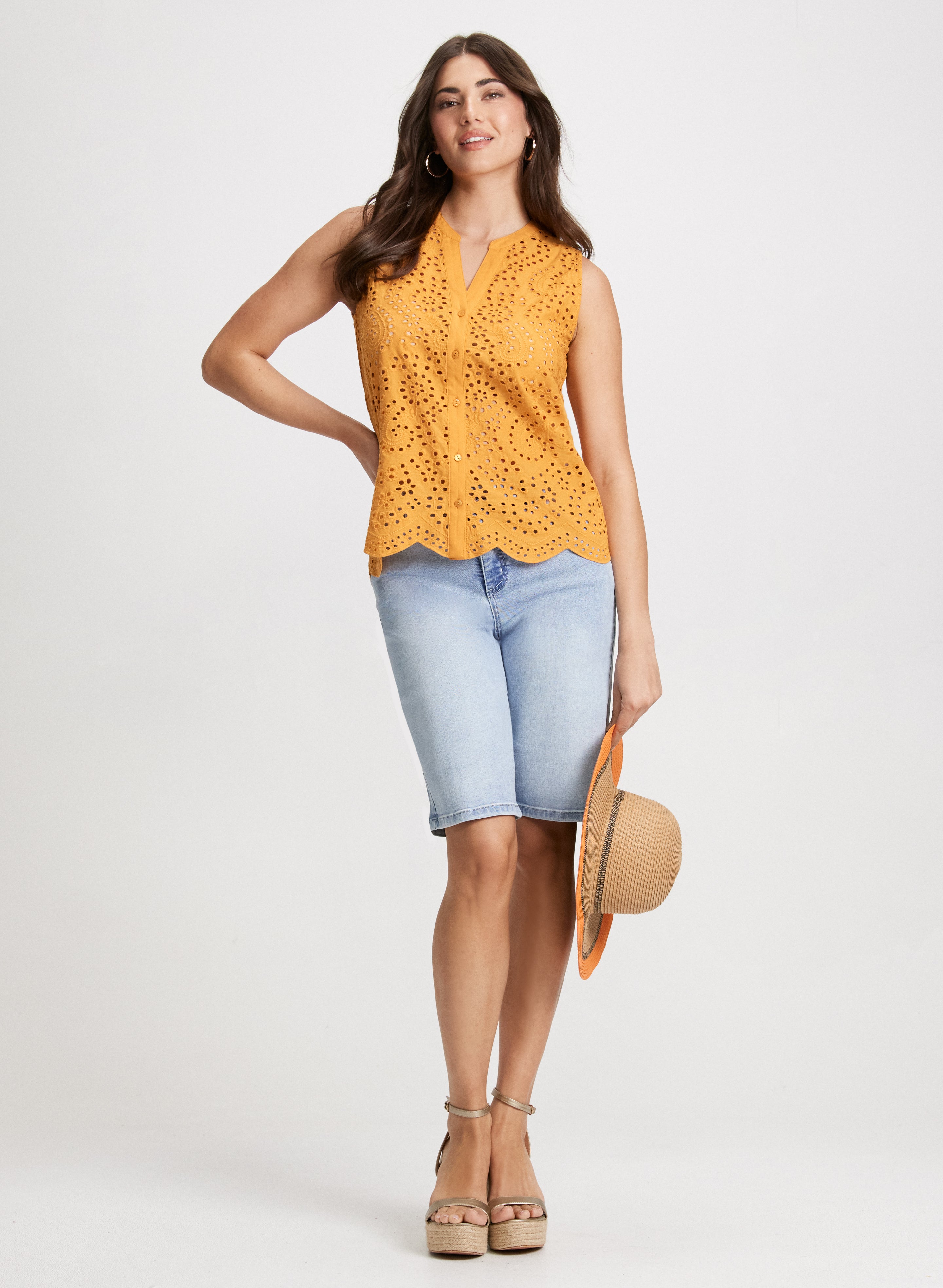 Stylish Eyelet Blouse & Denim Bermuda Shorts Set - Women's Summer Fashion Outfit for Beach, Vacation & Casual Wear