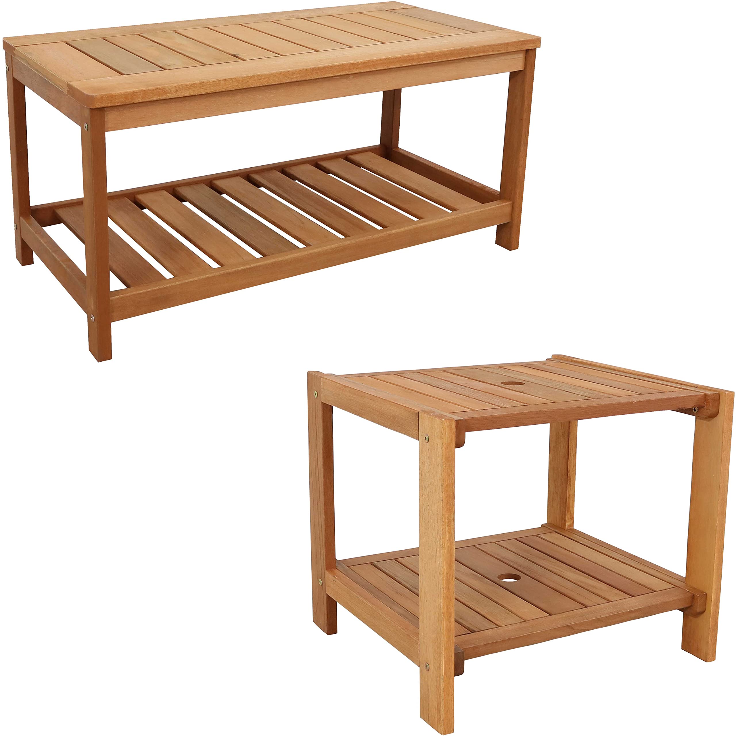 35-Inch Meranti Wood Outdoor Coffee Table & 20-Inch Side Table Set with Teak Oil Finish - Weather-Resistant Patio Furniture for Garden, Poolside & Backyard Relaxation