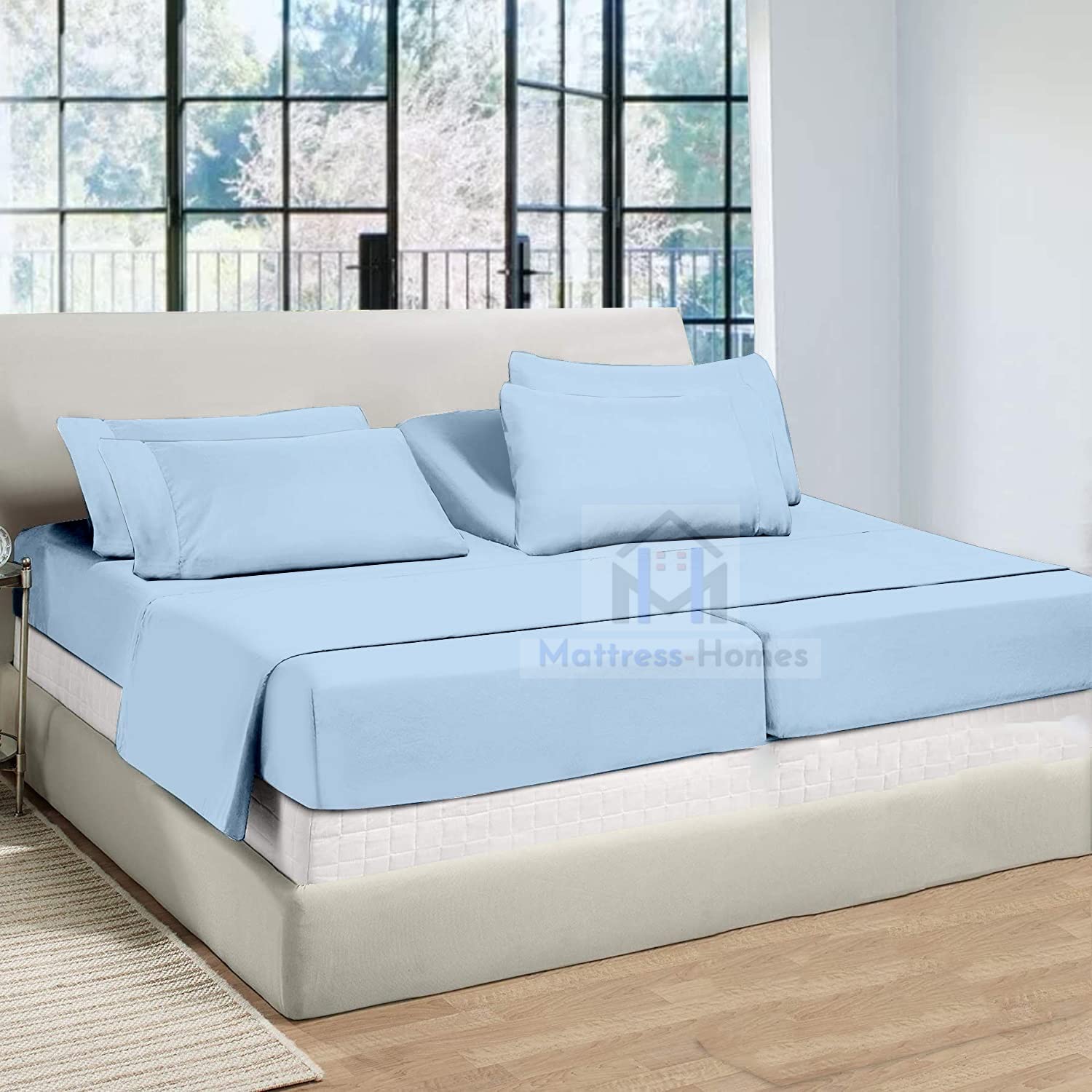 Split King Sheet Set 7-Piece - 100% Long Staple Combed Cotton 600 Thread Count - Light Blue Solid - Fits Adjustable Beds - Ultra Soft Breathable Bedding for Master Bedroom, Guest Room & Luxury Hotels