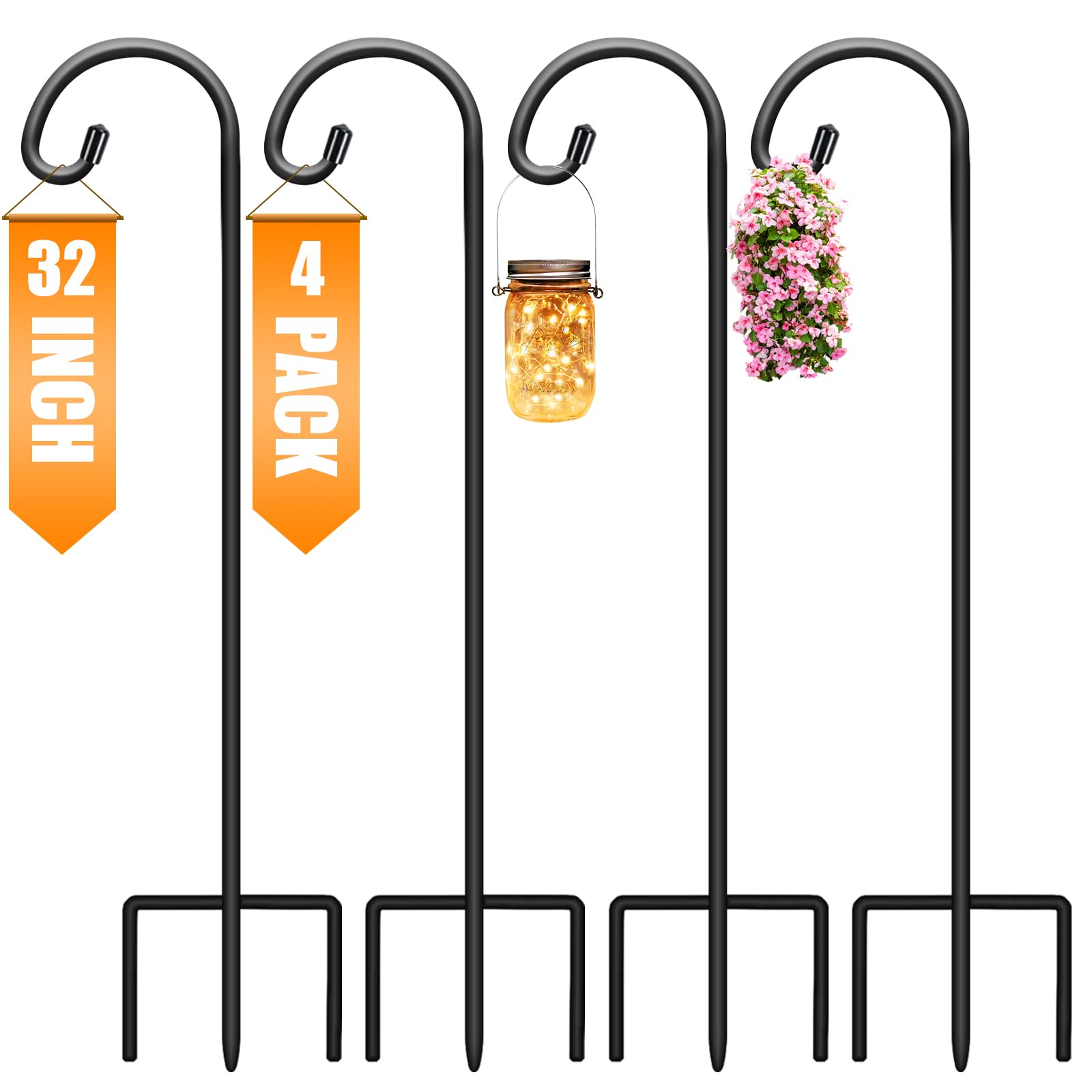 Gtongoko 32 Inch Adjustable Shepherds Hooks 4 Pack - Matte Black Garden Hooks for Hanging Plants, Lanterns, Bird Feeders & Solar Lights - Perfect for Outdoor Decor, Weddings & Mason Jar Displays