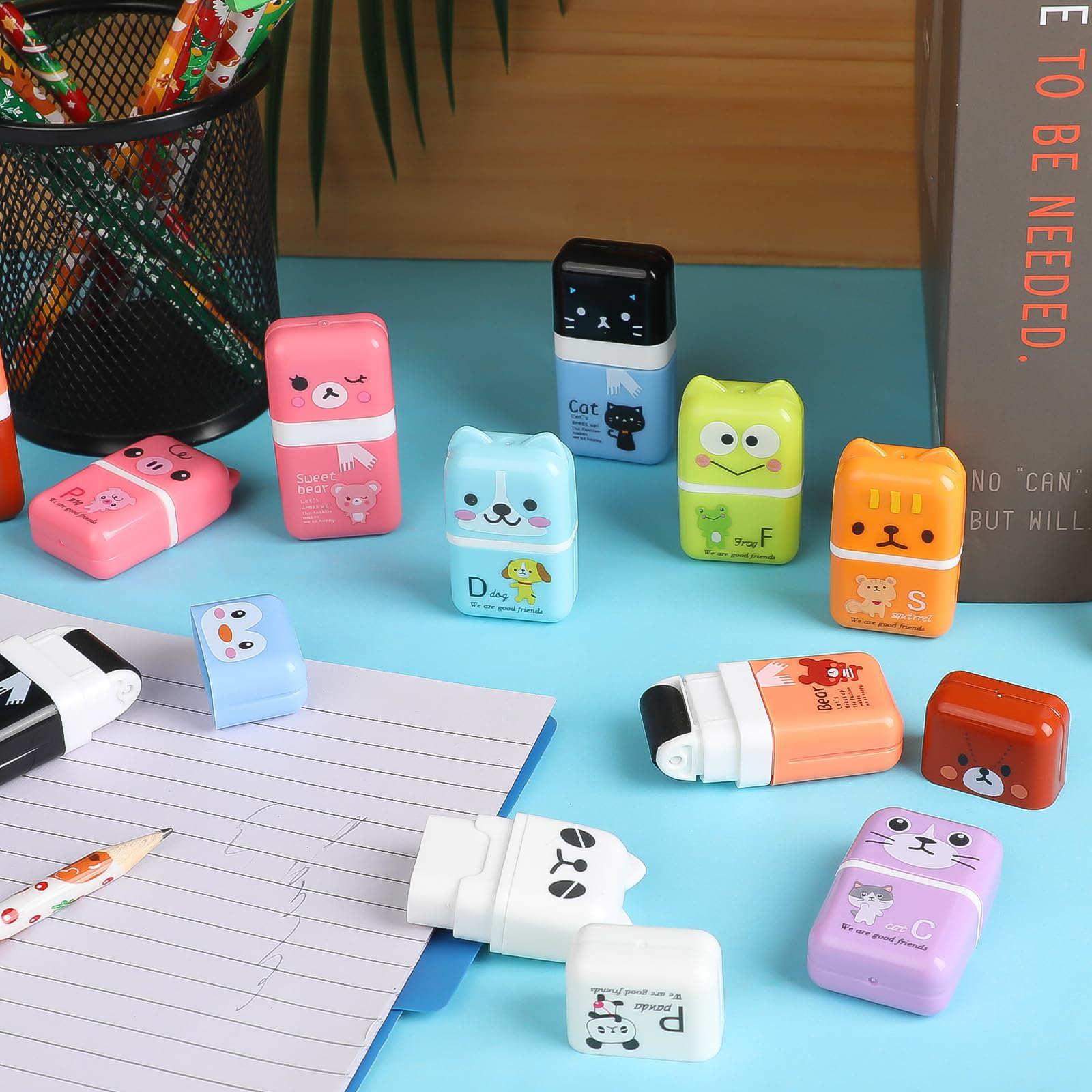 CCINEE 12-Pack Cute Pencil Erasers with Protective Caps & Self-Cleaning Shaving Roller - Perfect for School Supplies, Classroom Prizes, Teacher Gifts & Student Rewards (Great for Homework, Exams & Art Projects)