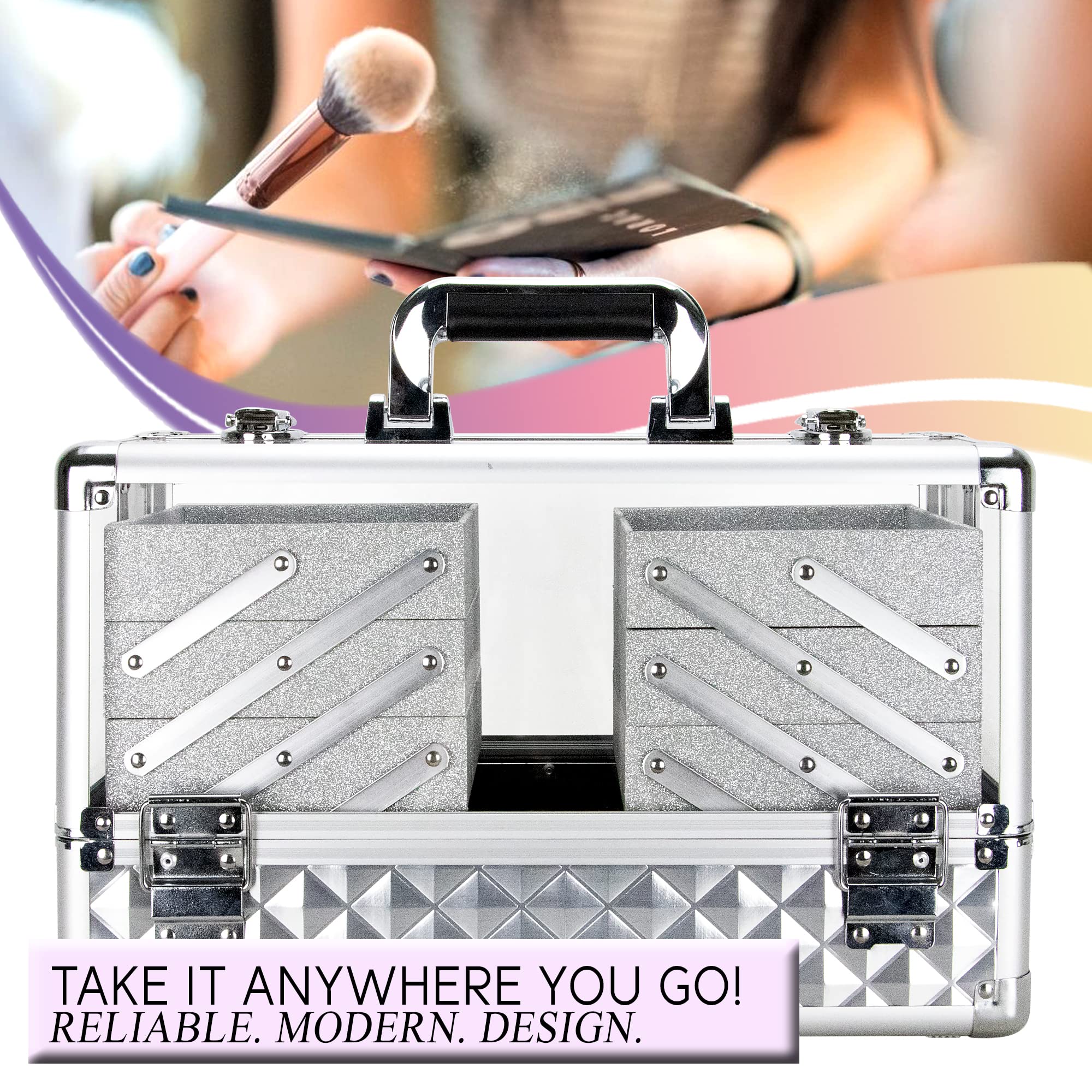 Ver Beauty 14-Inch Large Acrylic Makeup Train Case - Professional Portable Cosmetic Organizer with 6 Trays, Brush Holder & Jewelry Storage for Makeup Artists, Nail Kits & Crafts | Perfect for Travel, Salon & Home Display (Silver)
