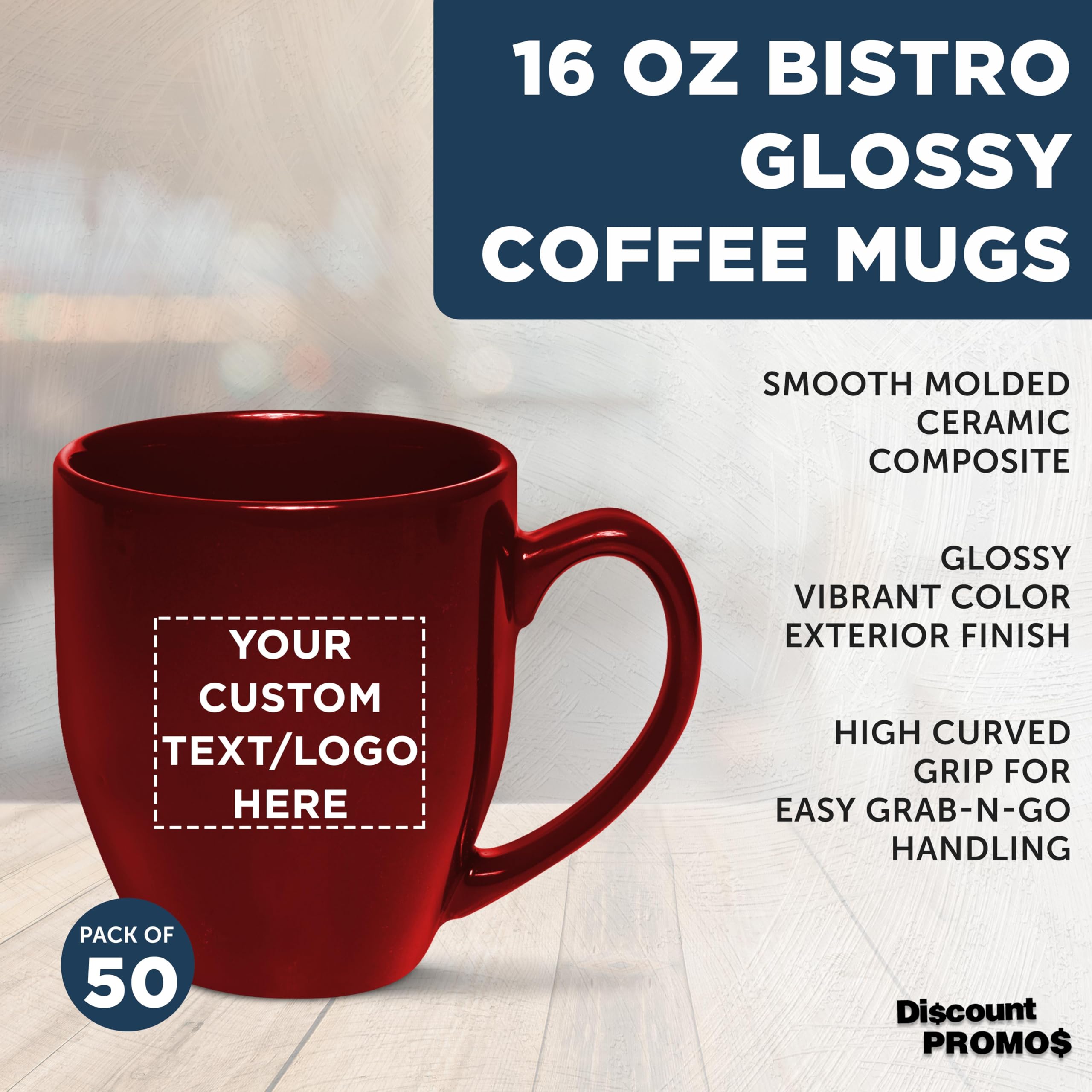 Custom 16 oz Large Coffee Cups Bulk Set of 50 - Personalized Maroon Travel Mugs for Tea, Espresso, Cappuccino & Hot Cocoa - Ideal for Offices, Cafes, Restaurants & Events