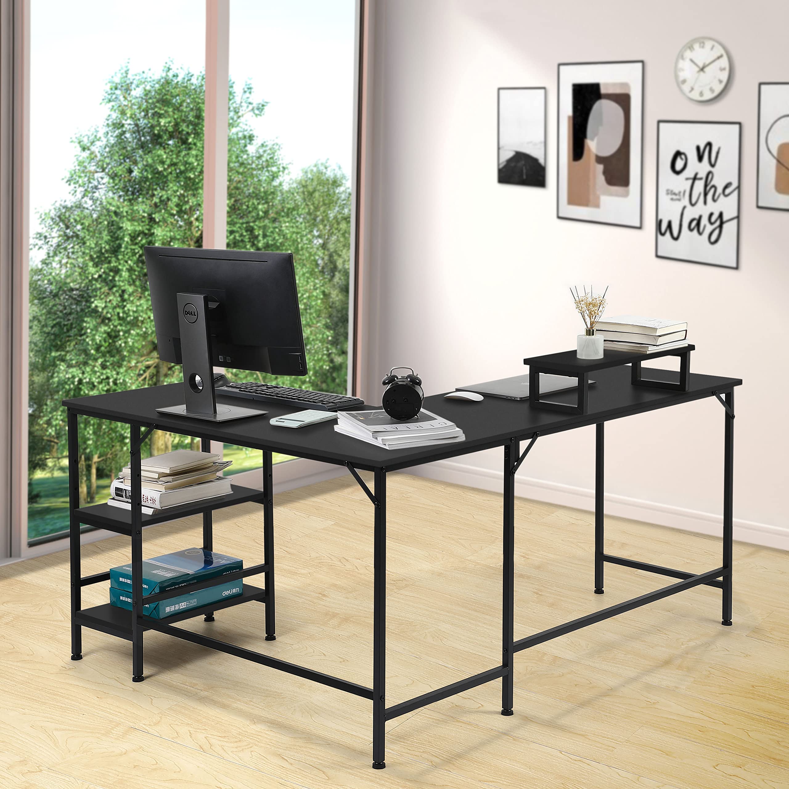 L-Shaped Corner Computer Desk with Storage Shelves - Large Gaming & Workstation Desk with Monitor Stand for Home Office, Study, or Gaming Room - Black