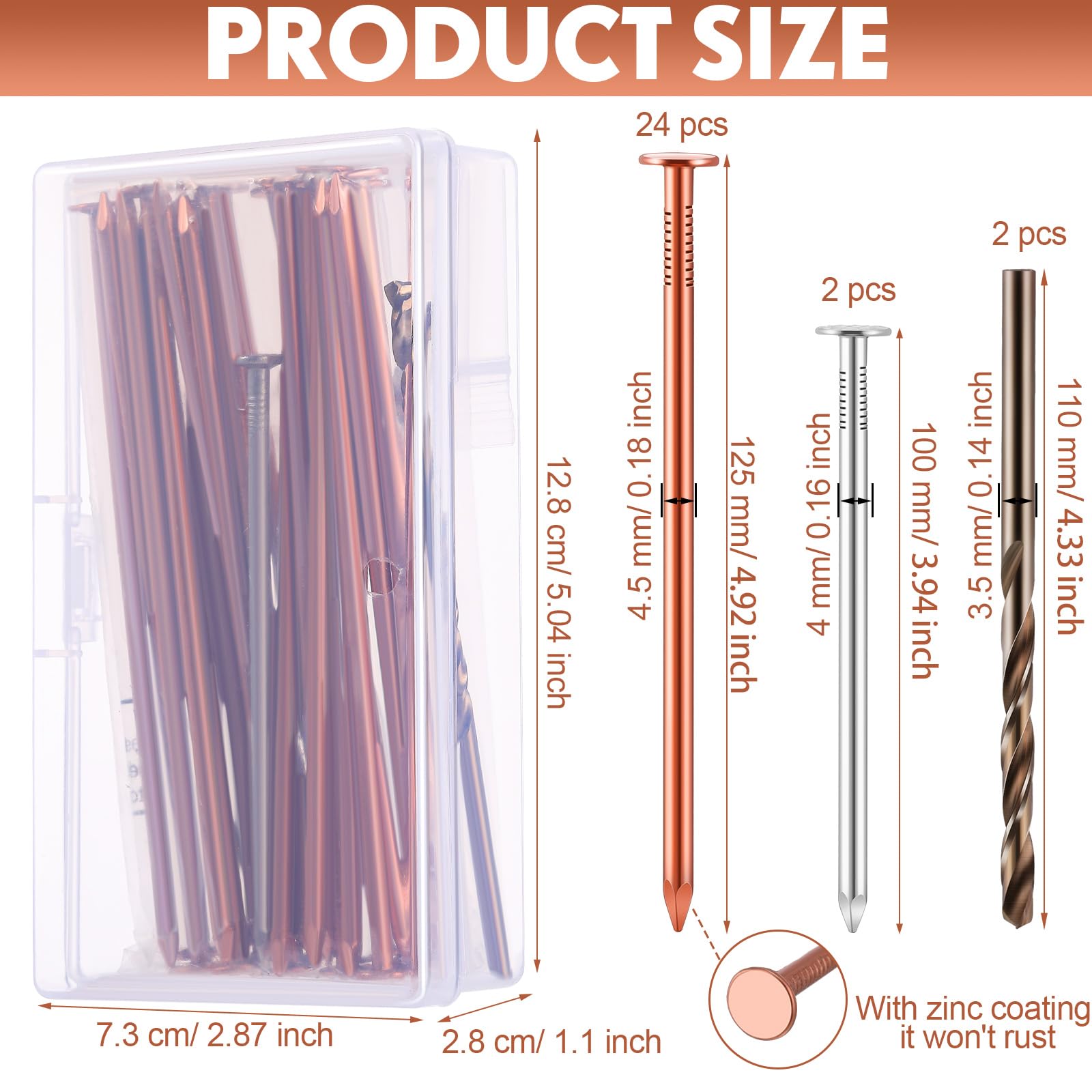 Gisafai 29 Pcs Tree Stump Killer Kit - 24 Copper Nails (4.92 Inch), 2 Steel Nails, 2 Drill Nails & Storage Box - Effective Stump Removal Spikes for Tree Stumps, Landscaping & Yard Maintenance - Perfect for DIY Tree Removal and Garden Care