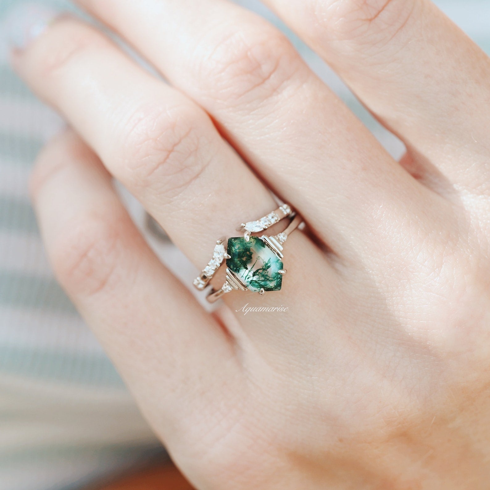 Hexagon Green Moss Agate Ring Set - 925 Sterling Silver Jewelry for Women, Nature-Inspired Gemstone Rings, Boho Chic Wedding Gift for Her | Perfect for Everyday Wear, Special Occasions & Spiritual Healing