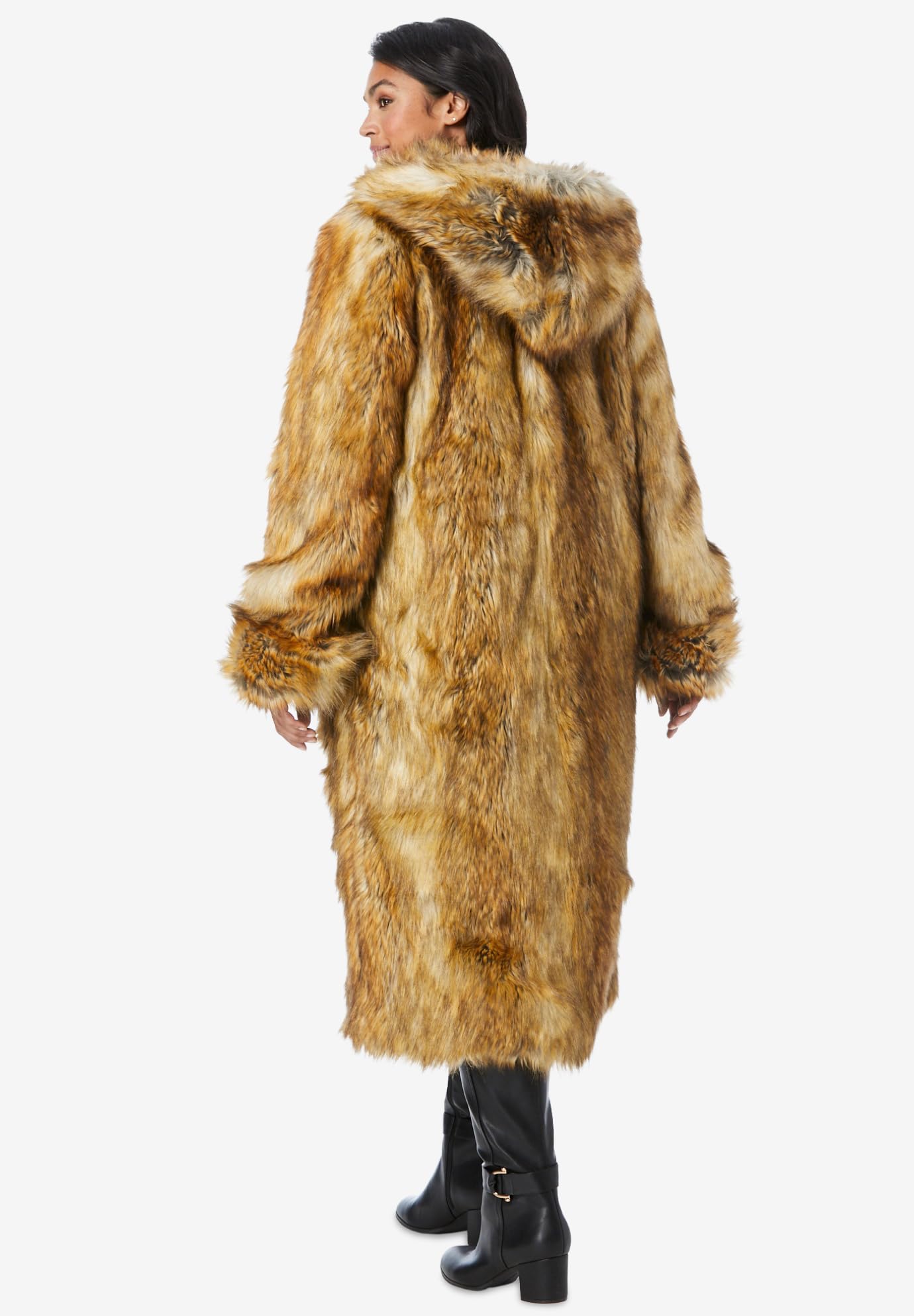 Roaman's Women's Plus Size Hooded Long Faux Fur Coat - Warm Winter Jacket for Casual Outings & Outdoor Activities