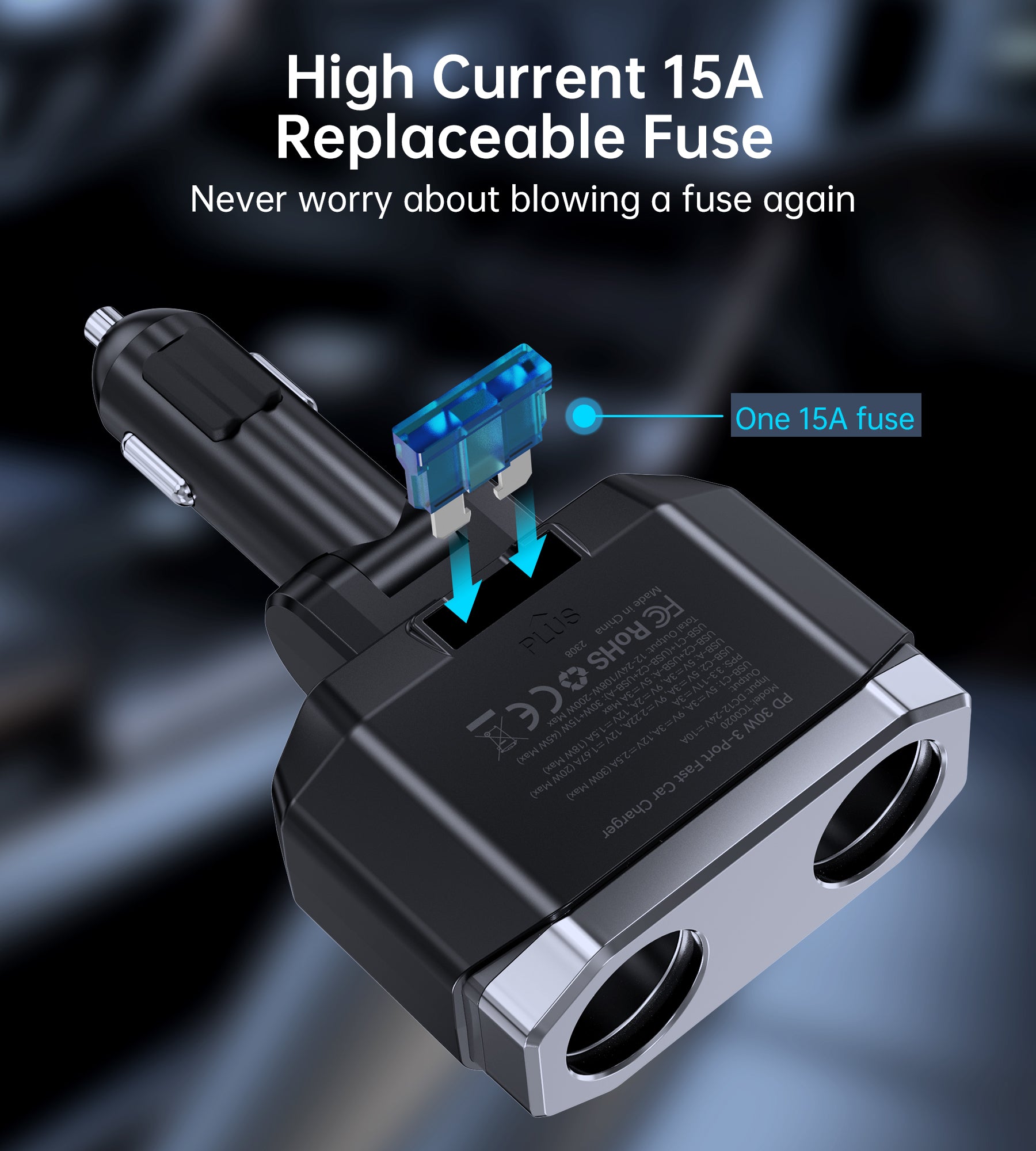 Choetech 2 Port Car Cigarette Lighter Splitter with 2 USB-C & 1 USB-A Ports - Fast Charging for Phones, Tablets & GPS - Perfect for Road Trips & Long Drives