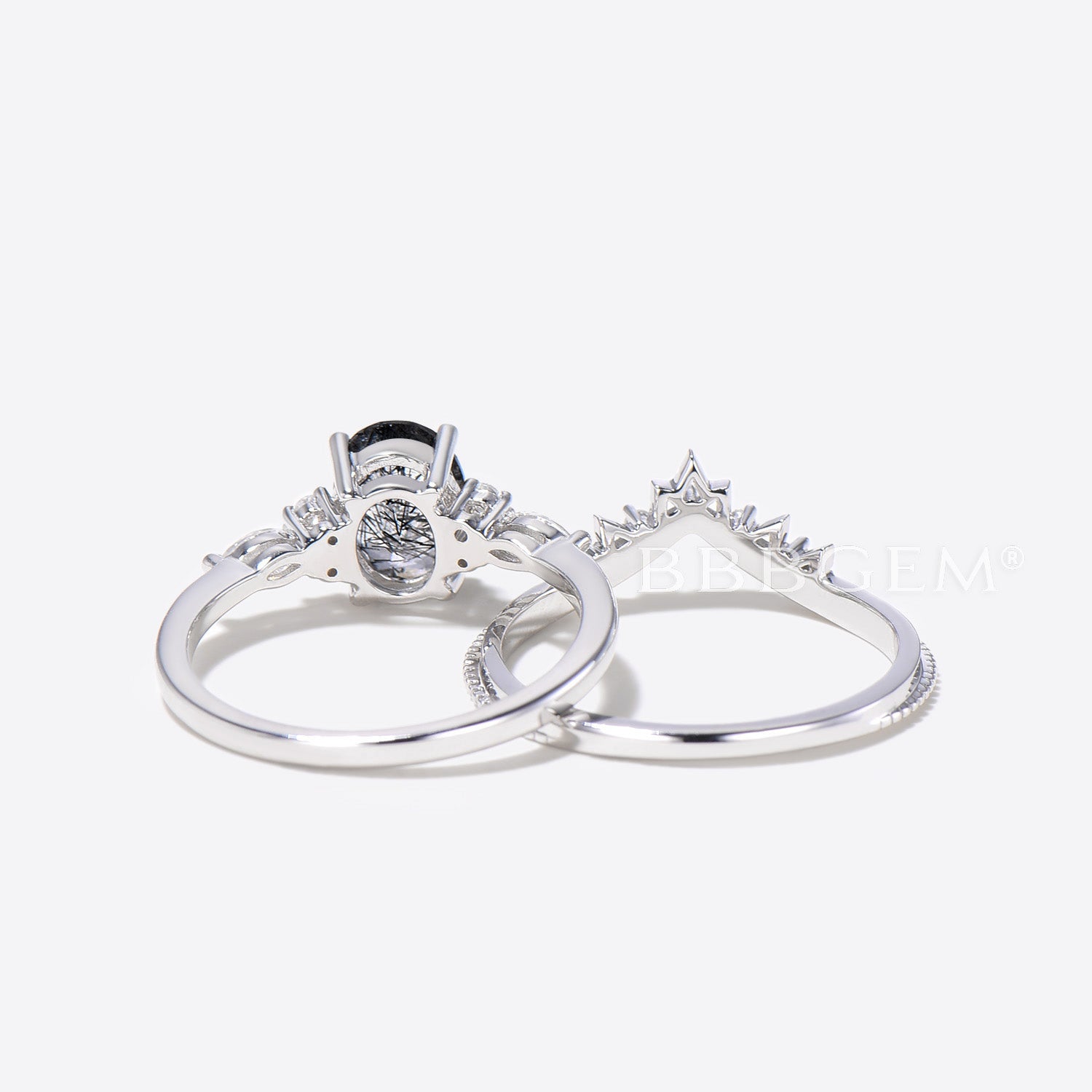 Oval Black Rutilated Quartz Engagement Ring - 14K White Gold Moissanite Bridal Set for Women - Perfect for Weddings, Anniversaries & Romantic Proposals