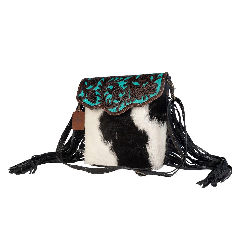 Myra Aqua Hand-Tooled Leather Bag - Women's Upcycled Cotton & Cowhide Purse for Casual Outings