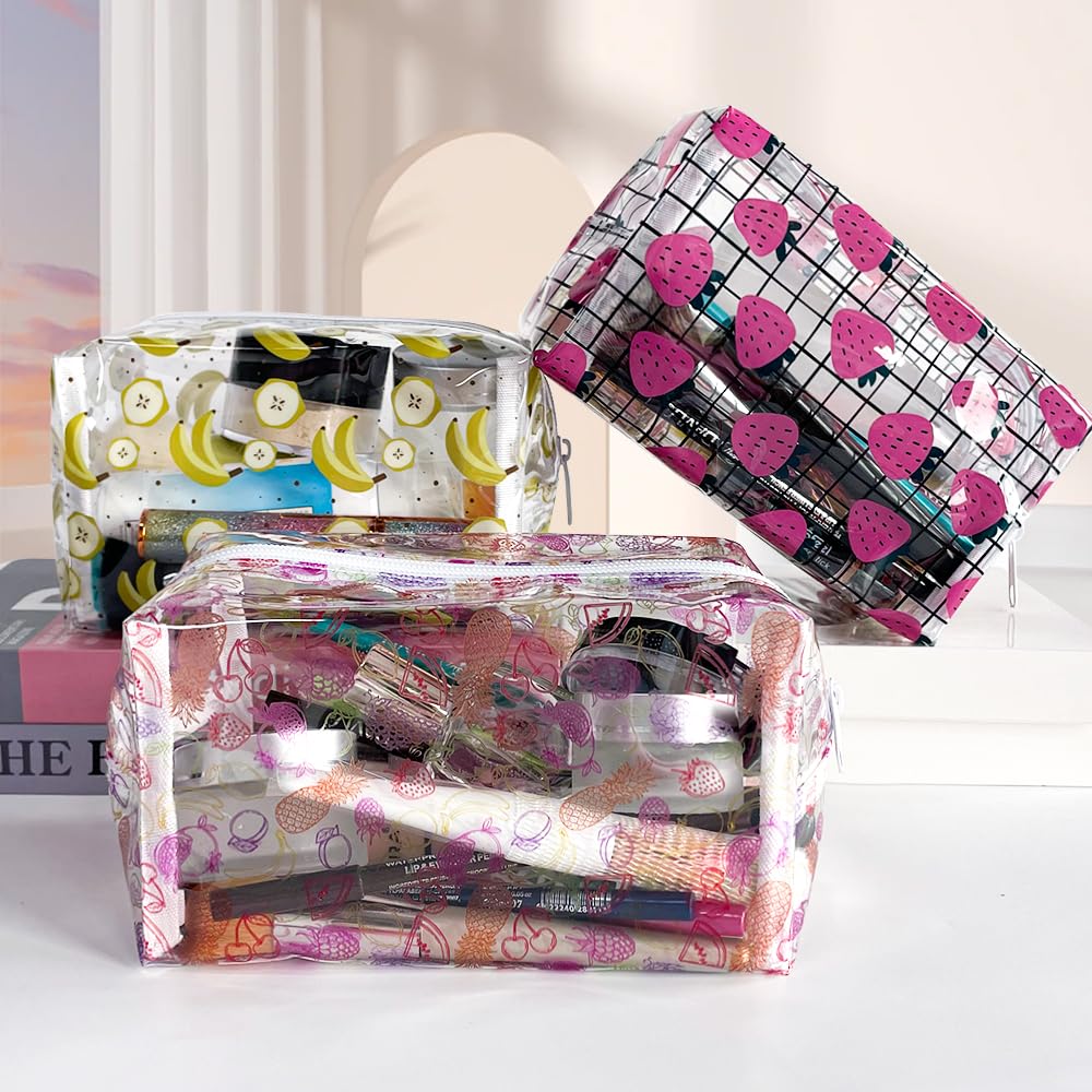 ONEART Cute Fruit Cosmetic Bag - Clear Makeup Toiletry Pouch with Zipper, Cartoon Portable Organizer Storage for Travel, Gym & Daily Use (Set of 3)