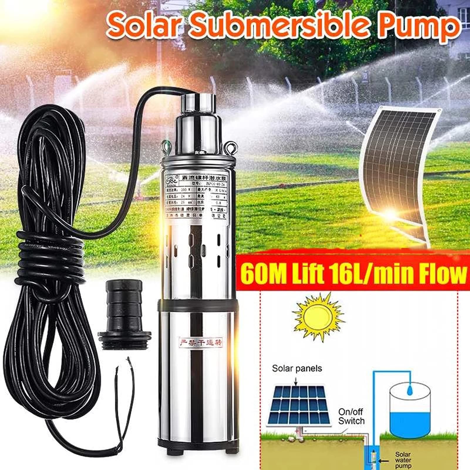 200W Deep Well Water Pump, 24V DC Submersible Solar Powered Pump with 10m (32.8ft) Cable - 1.2 m³/h Max Flow, 196ft (60m) Max Head, Stainless Steel Design - Perfect for Off-Grid Homes, Farms, Irrigation & Solar Water Systems