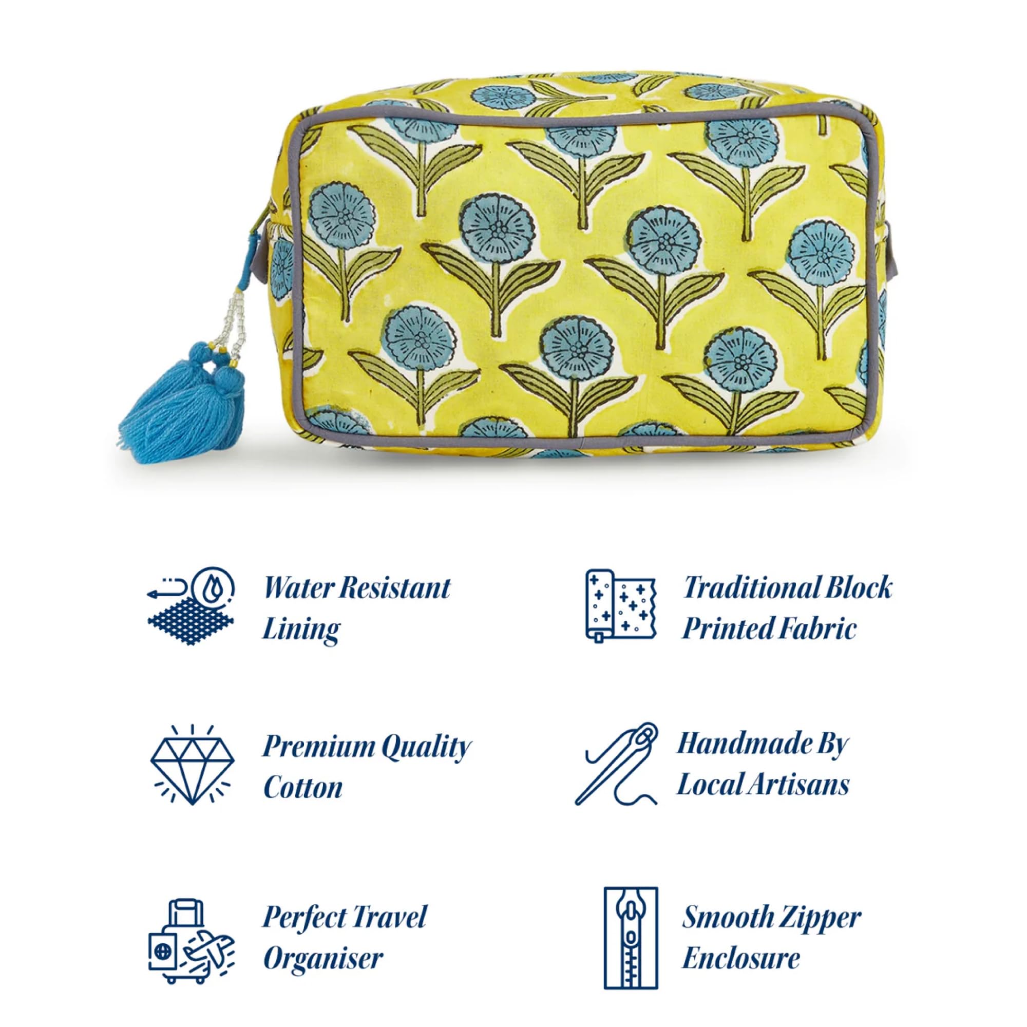 Waterproof Travel Makeup Bag for Women - Large Capacity Cosmetic Organizer with Water-Resistant Lining - Portable Toiletry Pouch & Open Cosmetic Case - Perfect for Vacation, Gym & Daily Essentials (Blue & Yellow Floral Design)