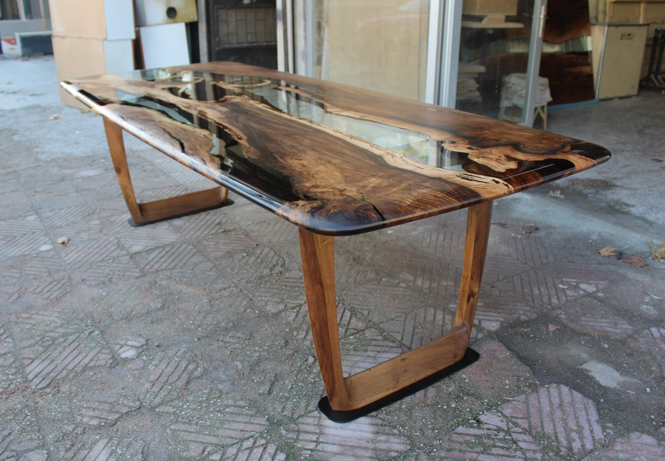 Epoxy Resin River Dining Table with Premium Walnut Wood Legs - Perfect for Modern Home Dining Room, Kitchen, and Office Spaces