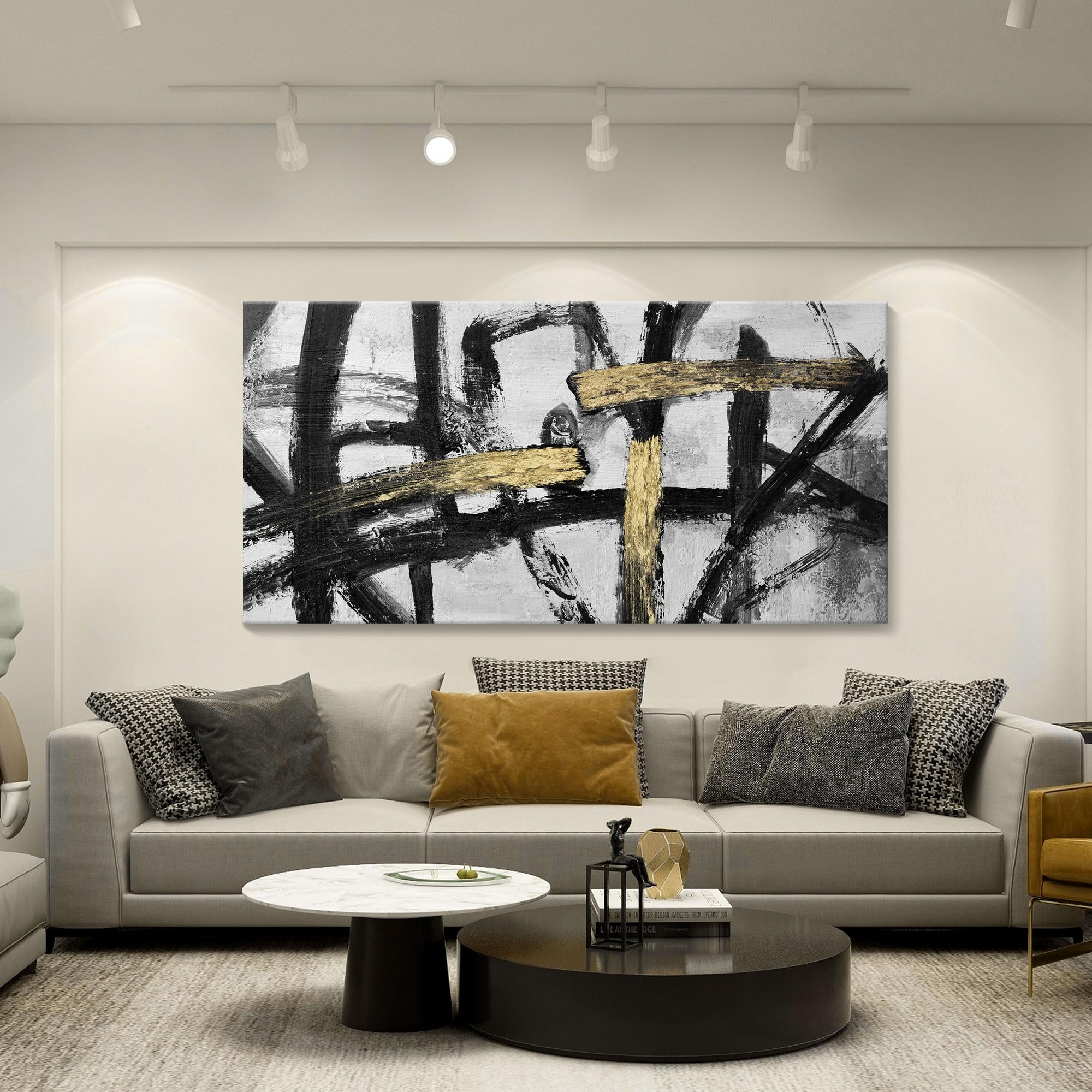 Abstract Wall Art Painting - Large Black White Gold Ink Dancing Canvas Print for Living Room, Bedroom, Dining Room & Office Decor (29x58 inches) - Modern Home Decor for Stylish Interiors & Gift Ideas