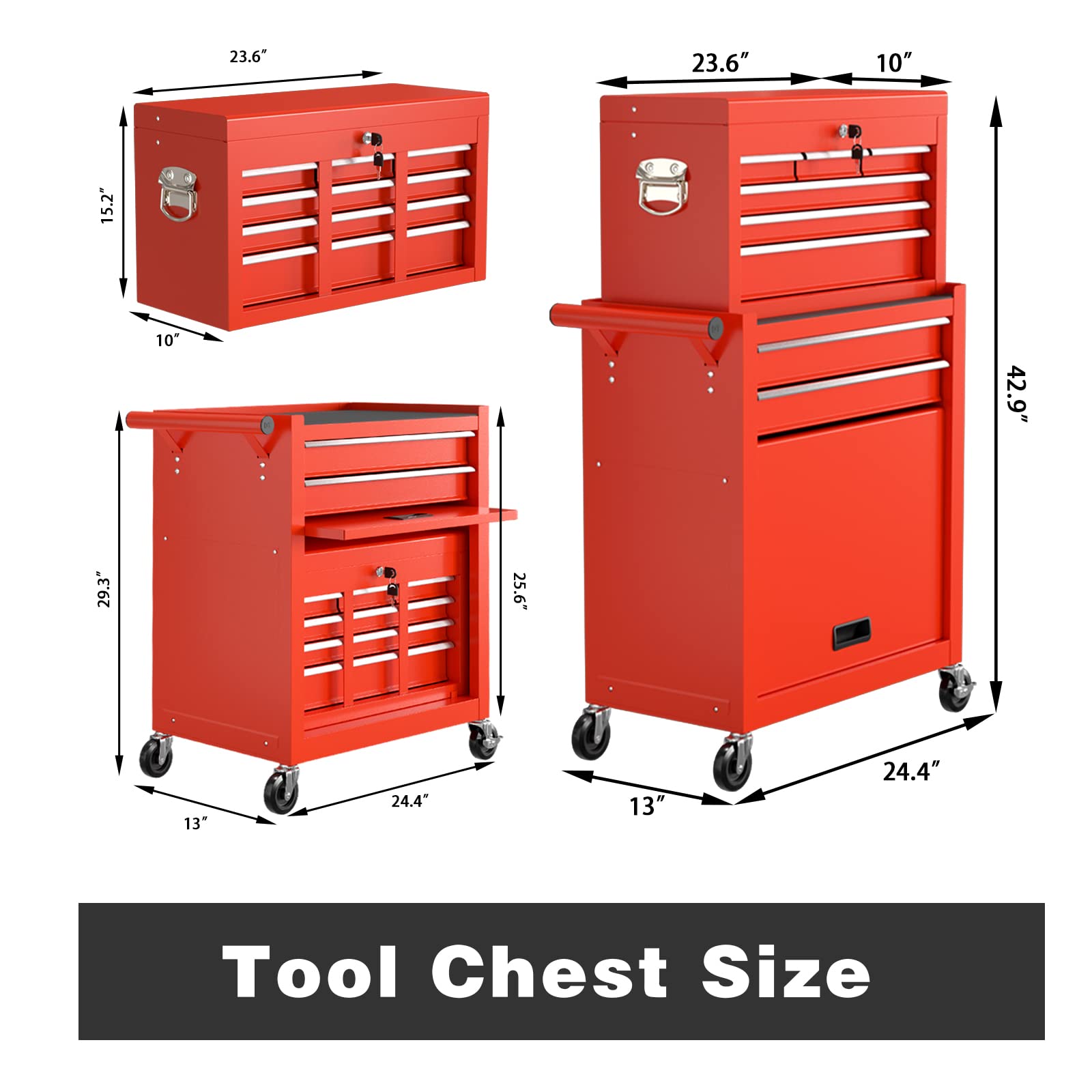 8-Drawer Rolling Tool Chest with Wheels - Heavy Duty Mobile Tool Storage Cabinet with Lockable Drawers & Smooth Gliding Casters - Perfect for Garage, Workshop, Auto Repair & DIY Projects (Red)