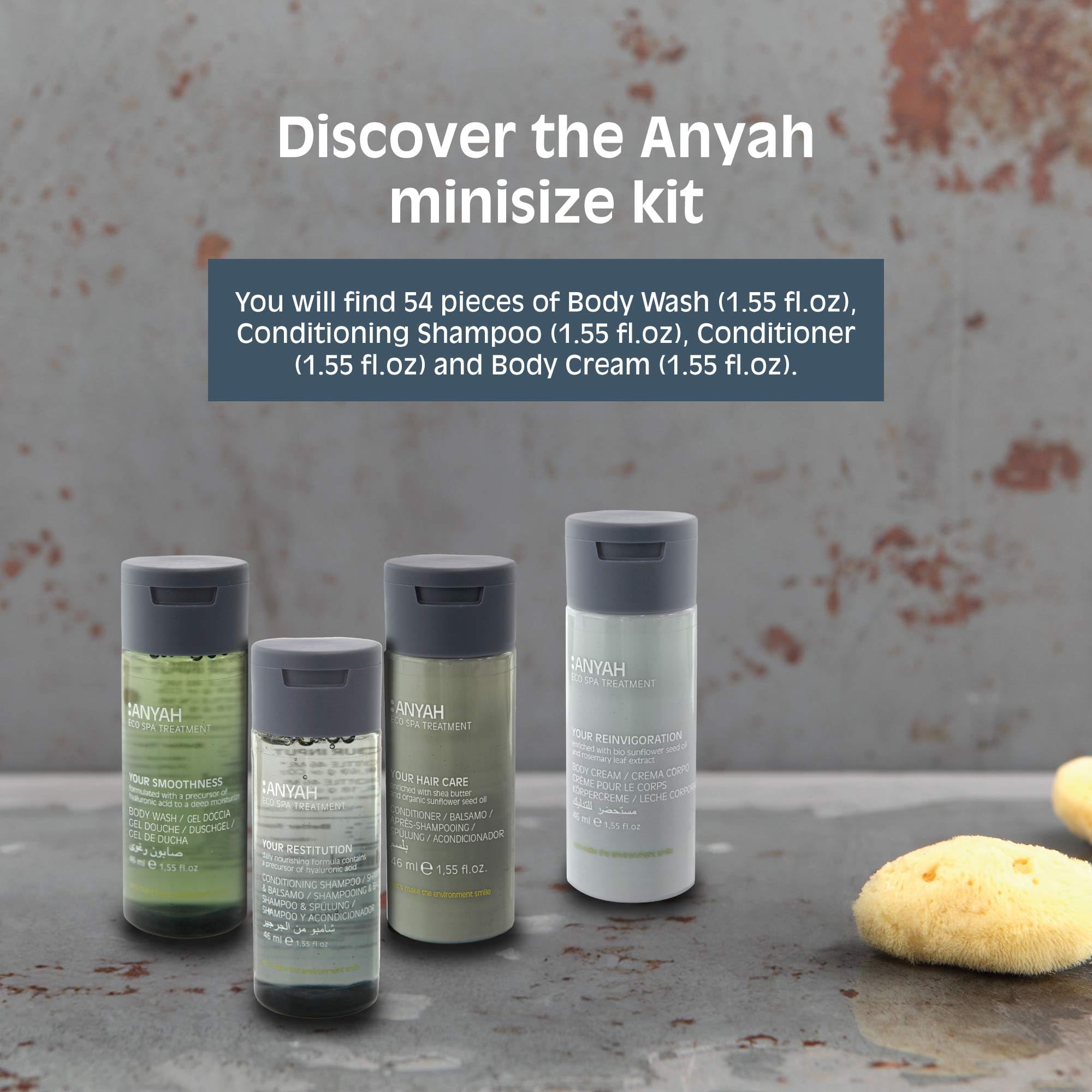 Anyah Mini-Sizes 54-Piece Travel Kit with Body Wash, Shampoo, Conditioner & Body Lotion (1.55 fl.oz Each) - Eco-Friendly Toiletries for Hotels, Gyms, Camping & Airplane Travel - TSA Approved Bath Essentials