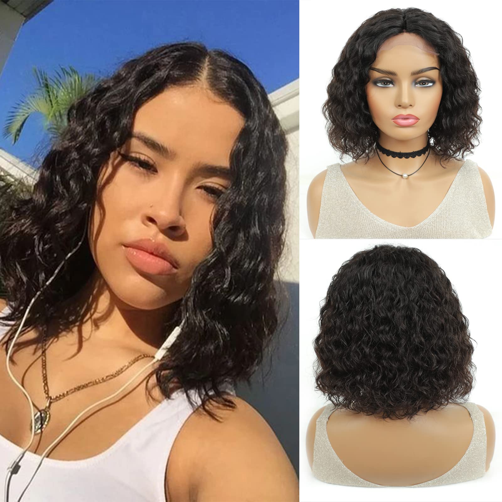 X-TRESS 16 Inch Black Short Kinky Curly Wigs 100% Human Hair Brazilian Middle Part Lace Front Bob Wigs for Black Women - Natural Color, Curly Wave Style for Daily Wear, Parties & Cosplay