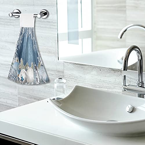 Silver Christmas Snowflake Kitchen Hand Towels - 2 Pack Super Absorbent Winter Blue Hanging Oven Towels with Loop | Dishcloth, Tea Towel & Bar Mop for Bathroom, Tabletop & Holiday Decor