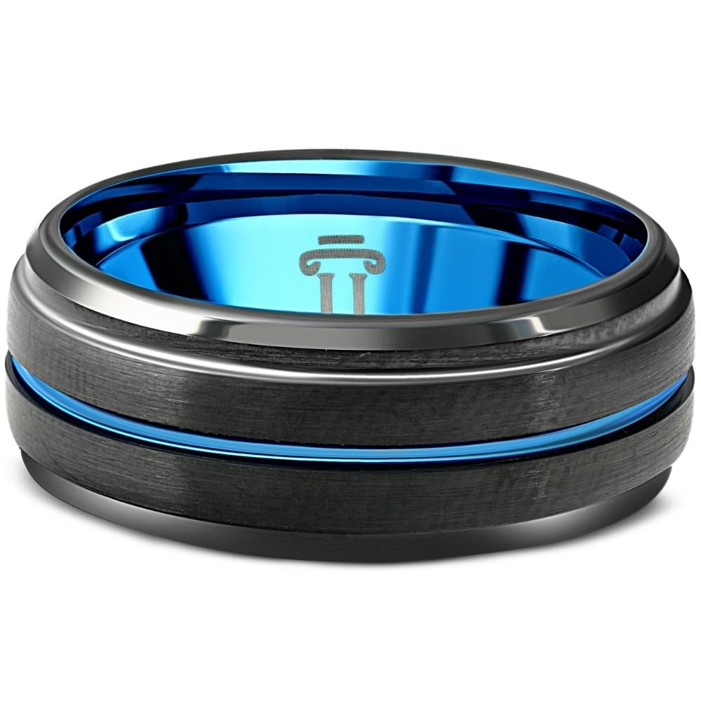 Men's Black & Blue Tungsten Wedding Band - Brushed Beveled Step Cut Ring for Men - Durable & Scratch Resistant - Perfect for Engagement, Anniversary & Everyday Wear