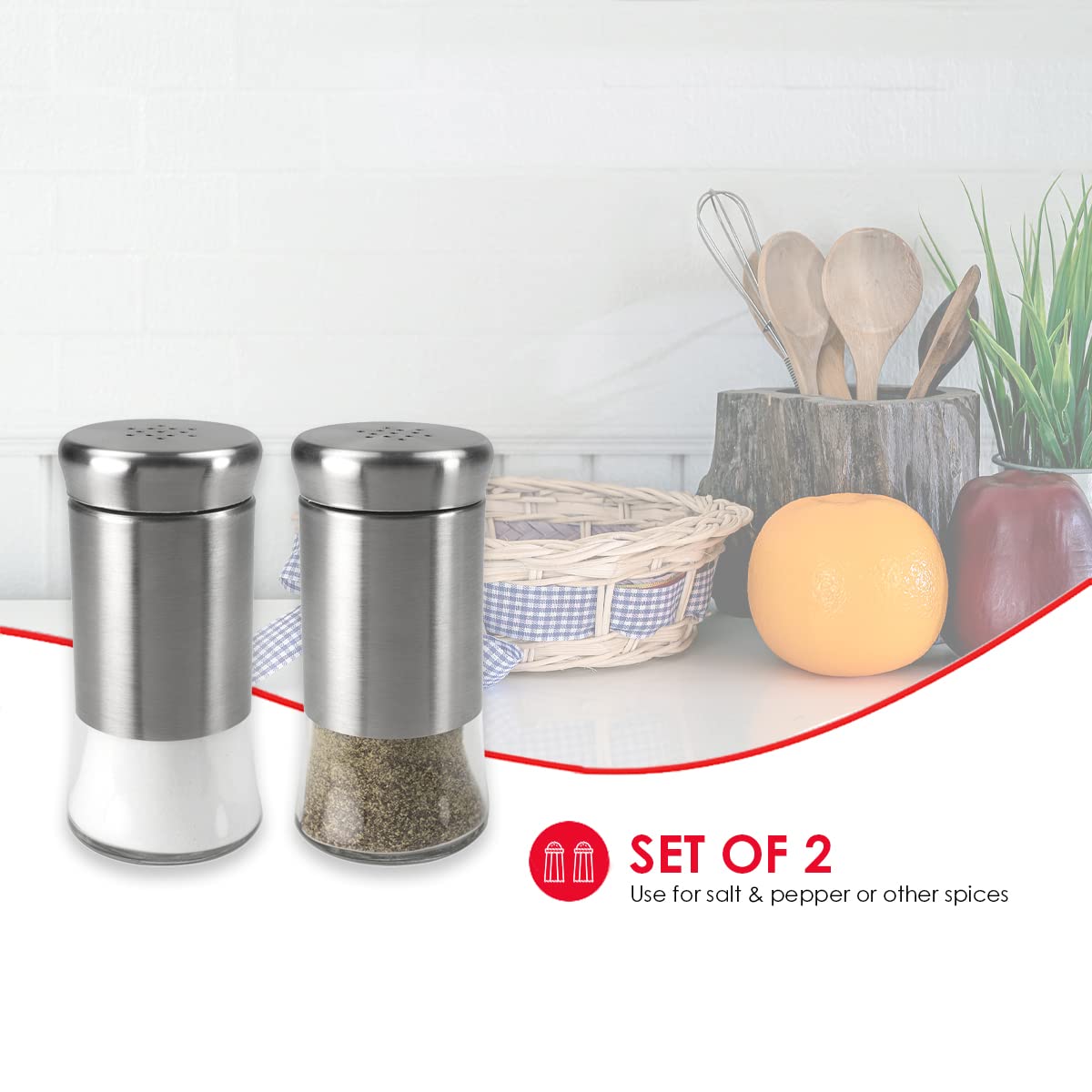 Home Basics 2-Piece Essence Salt and Pepper Shaker Set - Multicolored & Silver Stainless Steel - Perfect for Kitchen, Dining Table, and Restaurant Use