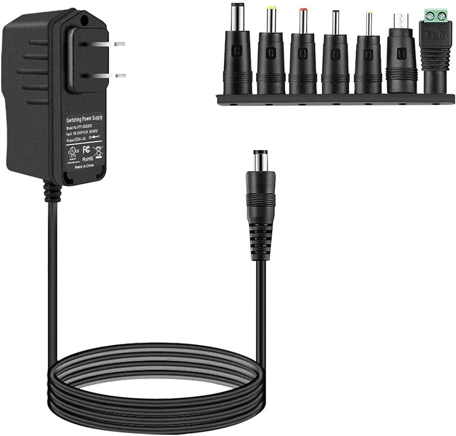 BOLWEO Universal 5V 2A Power Supply Adapter - AC to DC Converter with 7 Connector Tips for TV Box, Security Camera, LED Strip Lights, Audio/Video Equipment - Perfect for Home Electronics & DIY Projects