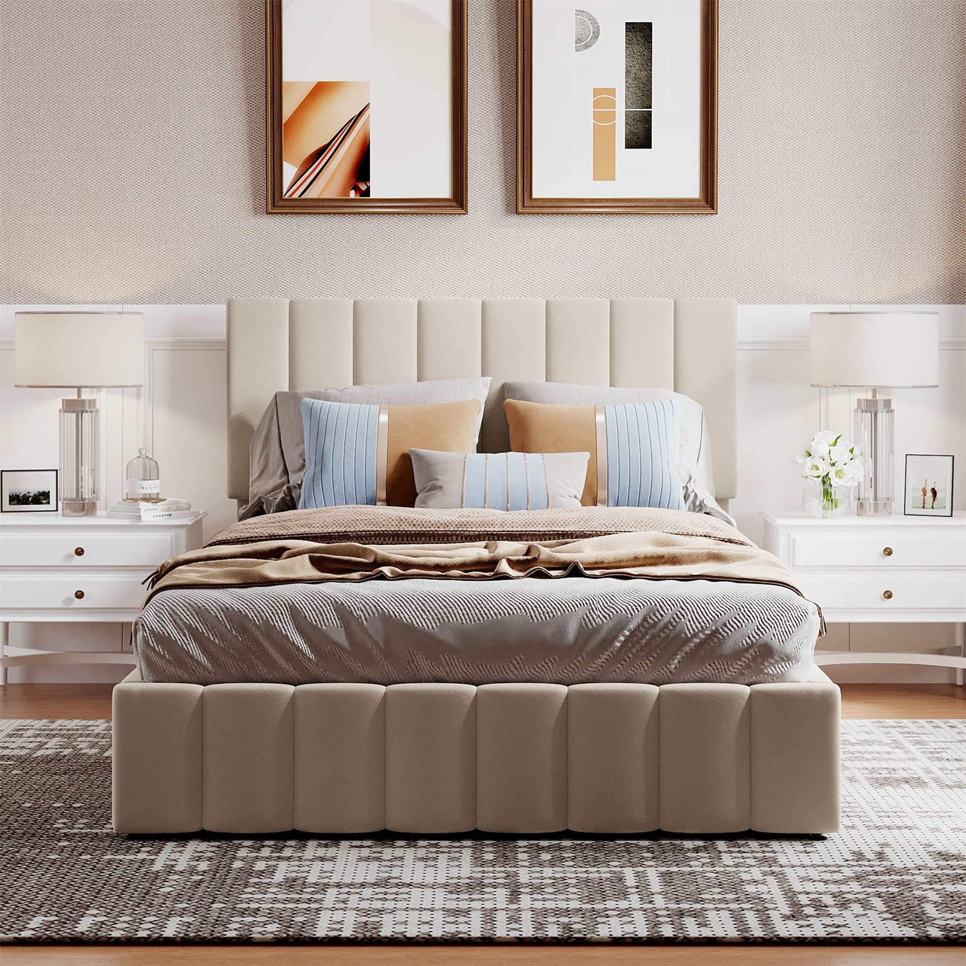 Harper & Bright Designs Full Size Upholstered Lift-Up Storage Bed with Tufted Headboard - Wooden Platform Bed Frame with Underbed Storage for Kids, Teens & Adults (Beige) | Space-Saving Bedroom Solution for Small Apartments & Dorm Rooms