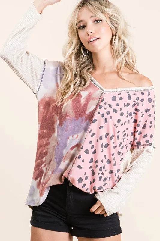 Bibi Print Block V-Neck Top with Contrast Stitching in Blush Pink | Women's Fashion Blouse for Casual Wear, Office Outfits & Date Nights