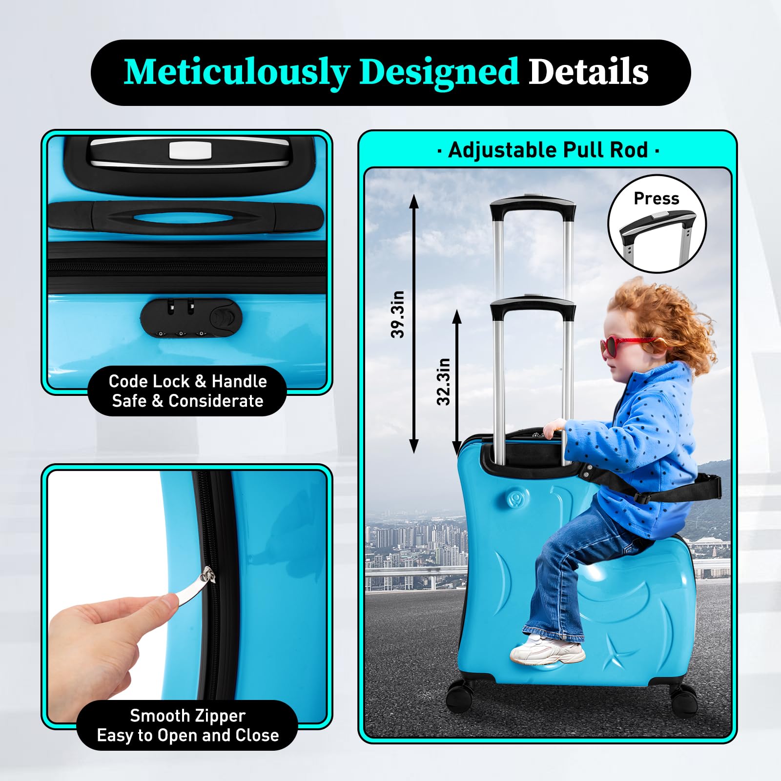 **DNYSYSJ 20 Inch Kids Carry-On Suitcase with Ride-On Feature & Safety Belt - Lightweight Travel Luggage for Toddlers & Children, Perfect for Airplane Trips & Family Vacations (Blue-20)**