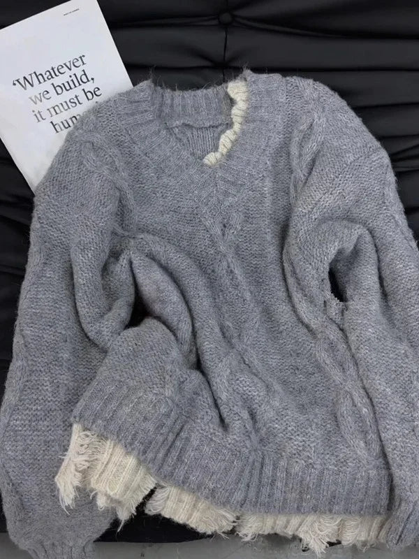 Korean Women's Red Patchwork Elegant Warm Short Knitted Sweater - Grey V-Neck Long Sleeve Office Pullover Tops for Autumn Winter | Chic Workwear & Casual Outfits