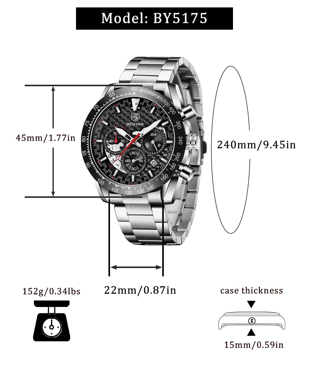 BENYAR Men's Quartz Chronograph Waterproof Silicone Watch - Business Casual & Sport Design Wristwatch for Men - Perfect Gift for Father & Son - Black, Blue, Rose Gold - Ideal for Office, Daily Wear & Outdoor Activities