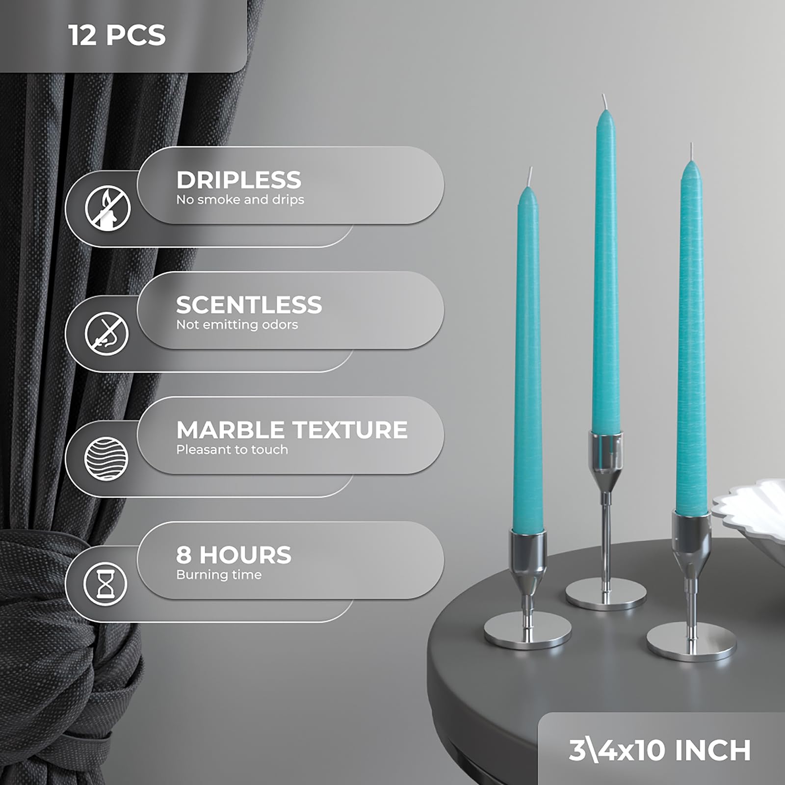 Premium 10 Inch Taper Candles Set of 12 - Dripless Unscented Candlesticks for Elegant Dining & Home Decor - Long-Lasting Turquoise Dinner Candles - Perfect for Weddings, Romantic Dinners & Holiday Centerpieces