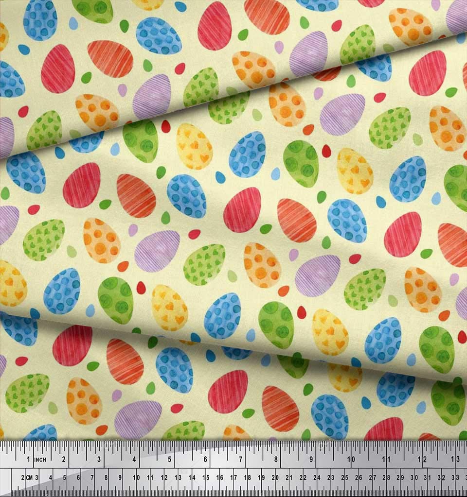Soimoi Rayon Crepe Yellow Fabric by The Yard - 46 Inch Wide Easter Egg Print Textile for DIY Crafts, Dressmaking & Home Decor - Lightweight & Soft Material for Easter Celebrations, Spring Decorations & Sewing Projects