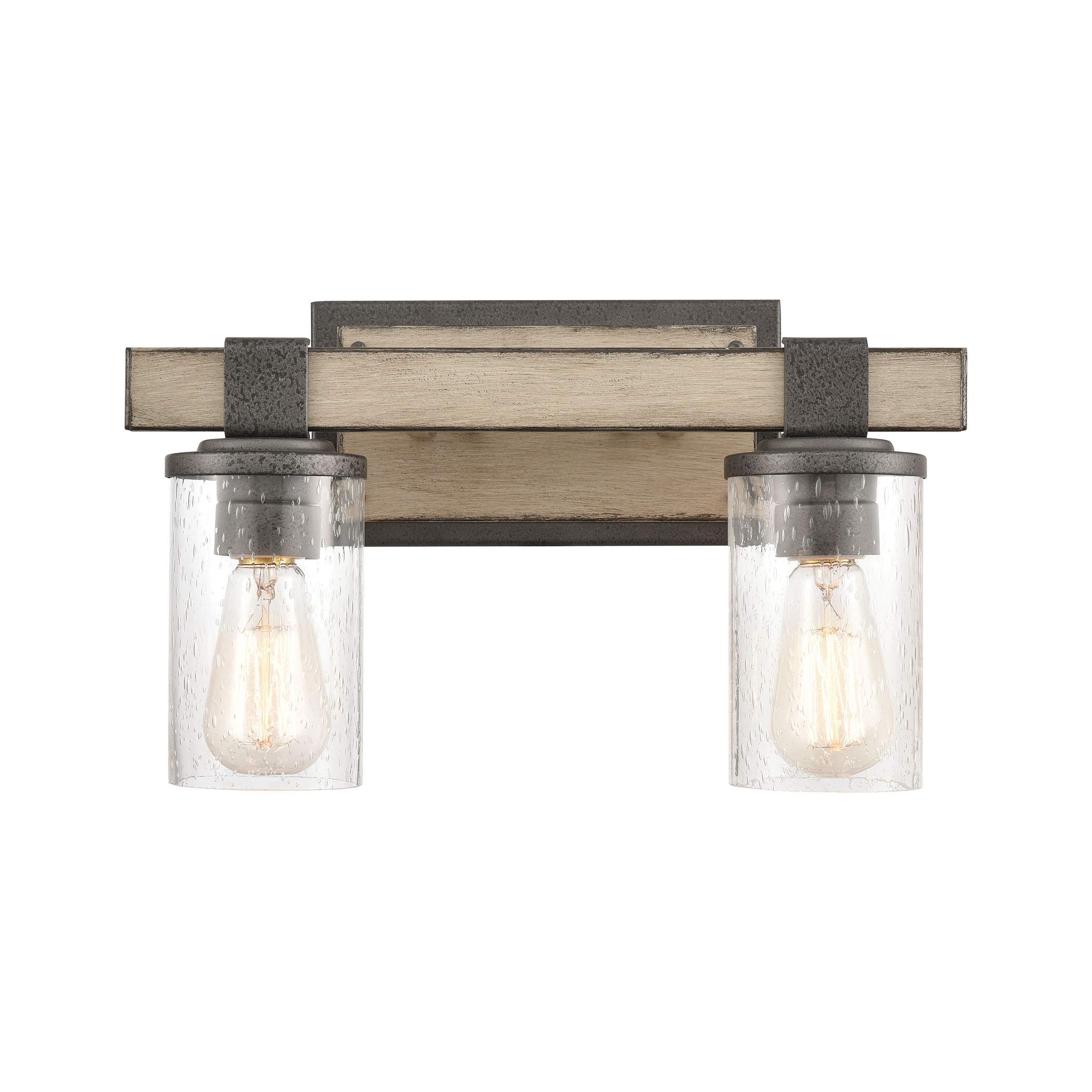 Anvil Iron & Distressed Antique Graywood Crenshaw 2-Light Bathroom Vanity Light with Seedy Glass - Perfect for Modern Farmhouse, Rustic, or Industrial Style Bathrooms