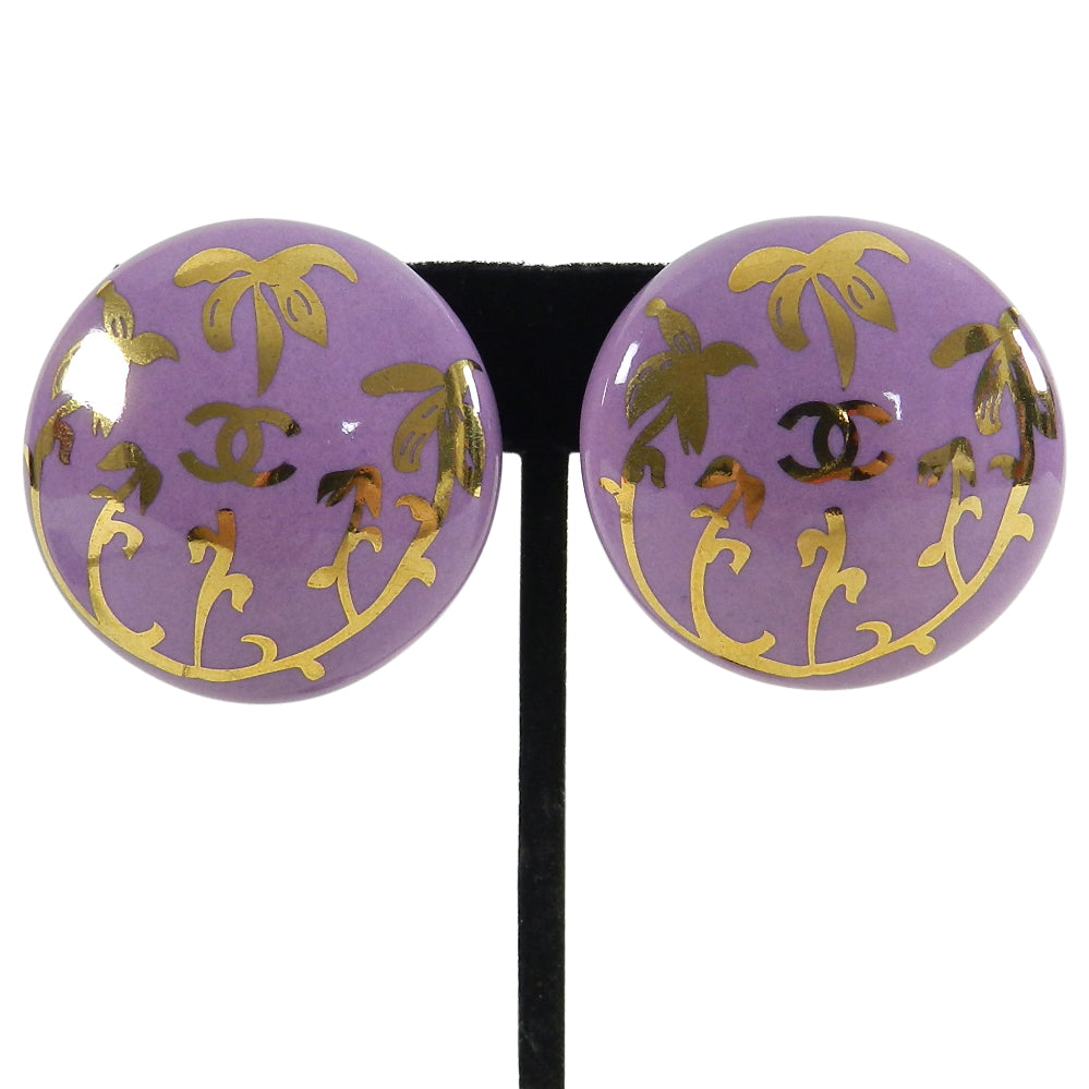Vintage Chanel 1997 Purple Ceramic Palm Tree Button Earrings for Women - Luxury Designer Fashion Jewelry Gift for Birthday, Anniversary & Special Occasions
