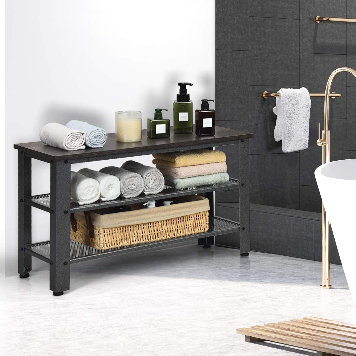 Industrial Metal Bench with 2 Mesh Shelves - Entryway Shoe Storage Organizer, Large Silver - Perfect for Mudroom, Hallway & Home Organization