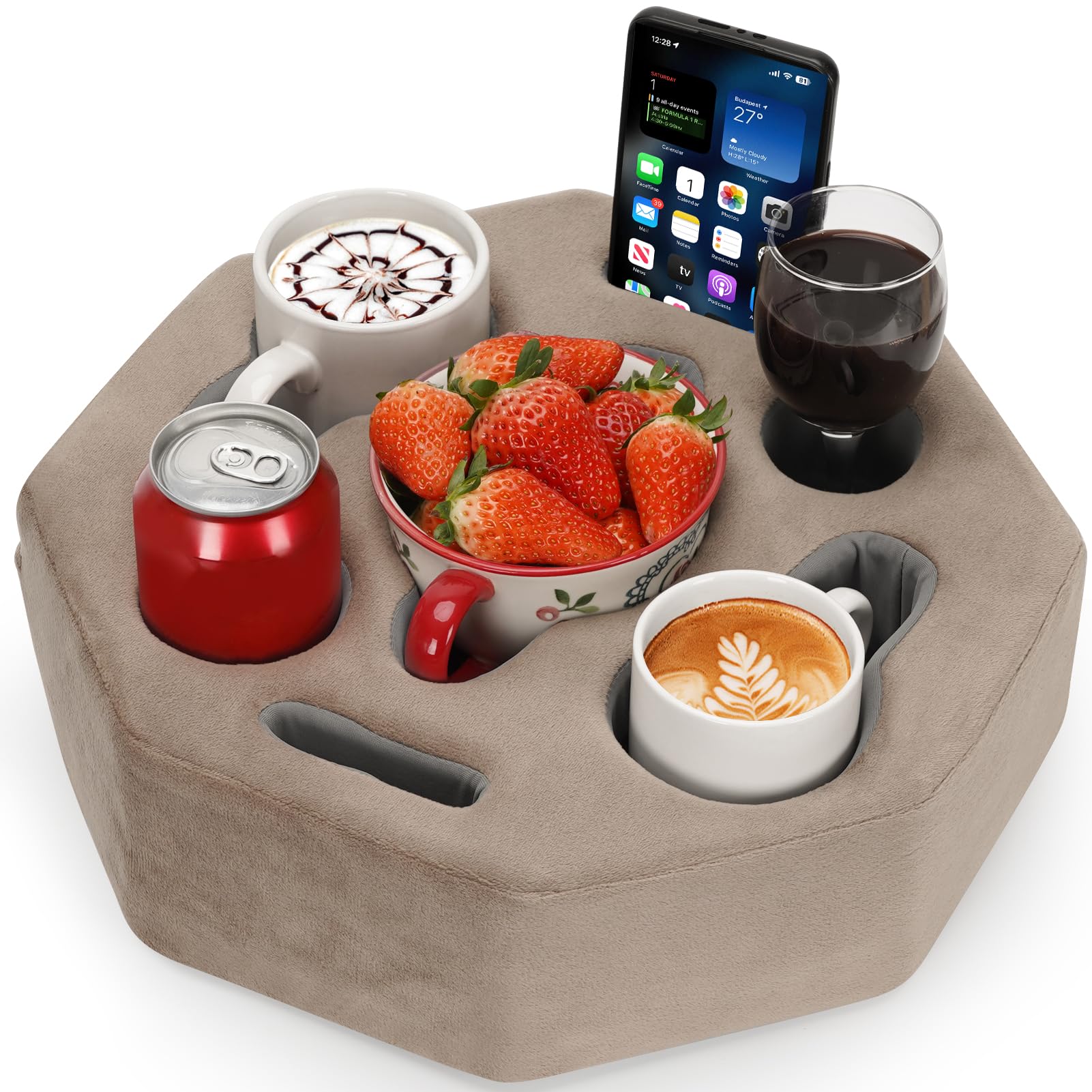 Octagon Couch Caddy with Cup Holder - Sofa Drink Holder for Coffee, Phone & Remote - Multi-Functional Couch Accessory for Bed, Car, Sofa & Table - Perfect for Relaxing, Watching TV & Road Trips