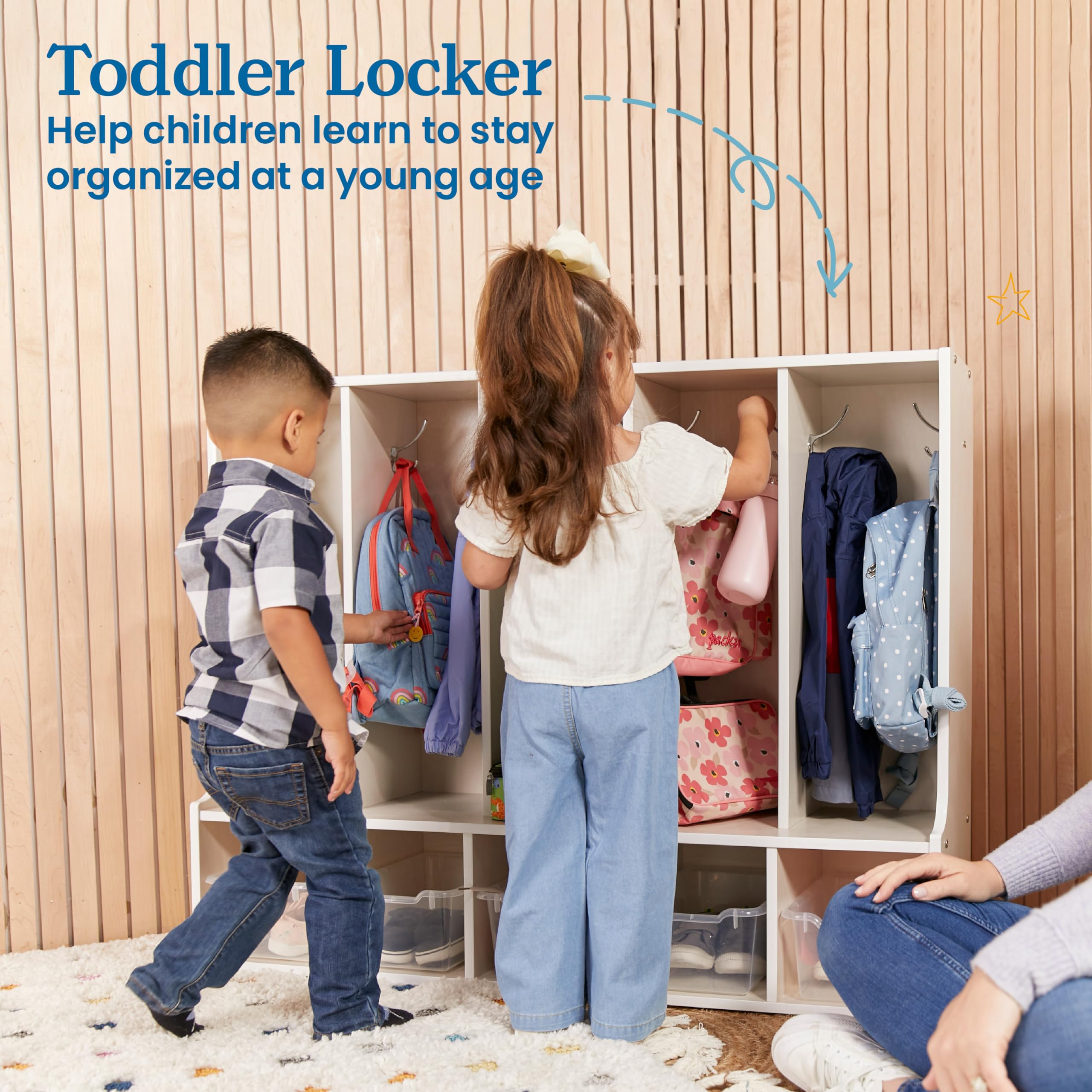 ECR4Kids White Wash 5-Section Toddler Coat Locker with Bench - Durable Classroom Storage Furniture for Preschool, Daycare & Home Entryway Organization
