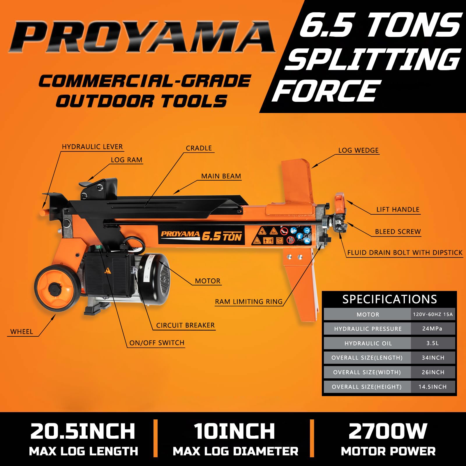 6.5 Ton Electric Log Splitter - PROYAMA Hydraulic Wood Splitter with 15Amp Motor | Horizontal Firewood Splitting Machine for Home Heating, Camping & Backyard Use