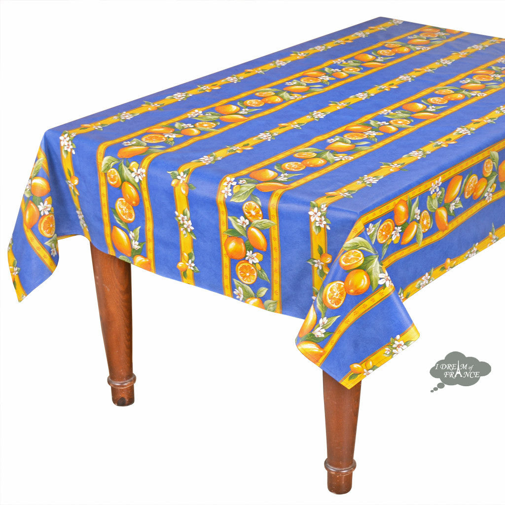 58 Square Lemons Blue Acrylic Coated Cotton Tablecloth by Tissus Toselli - Waterproof & Stain-Resistant Dining Table Cover for Kitchen, Party, and Outdoor Picnic