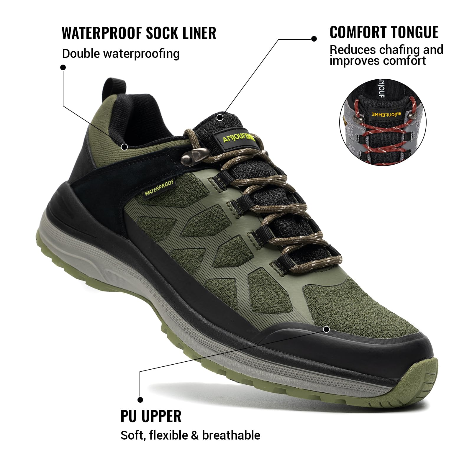 ANJOUFEMME Men's Waterproof Hiking Shoes - Lightweight Breathable Trekking Trail Running Shoes for Outdoor Adventures, Camping & Mountain Climbing