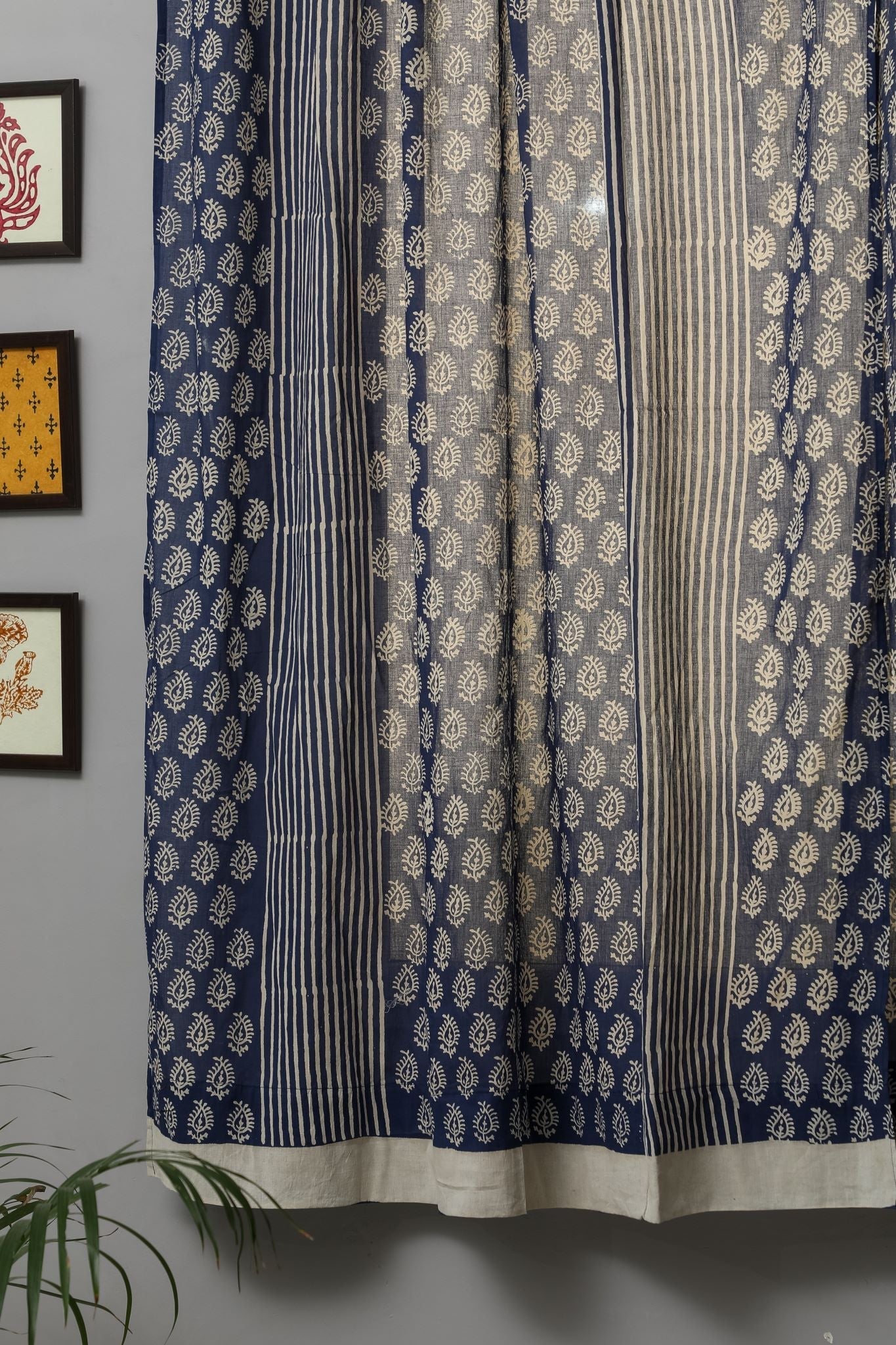 Handblock Printed Cotton Window Curtains - SootiSyahi 'Delphinium' Design | Elegant Home Decor for Living Room & Bedroom