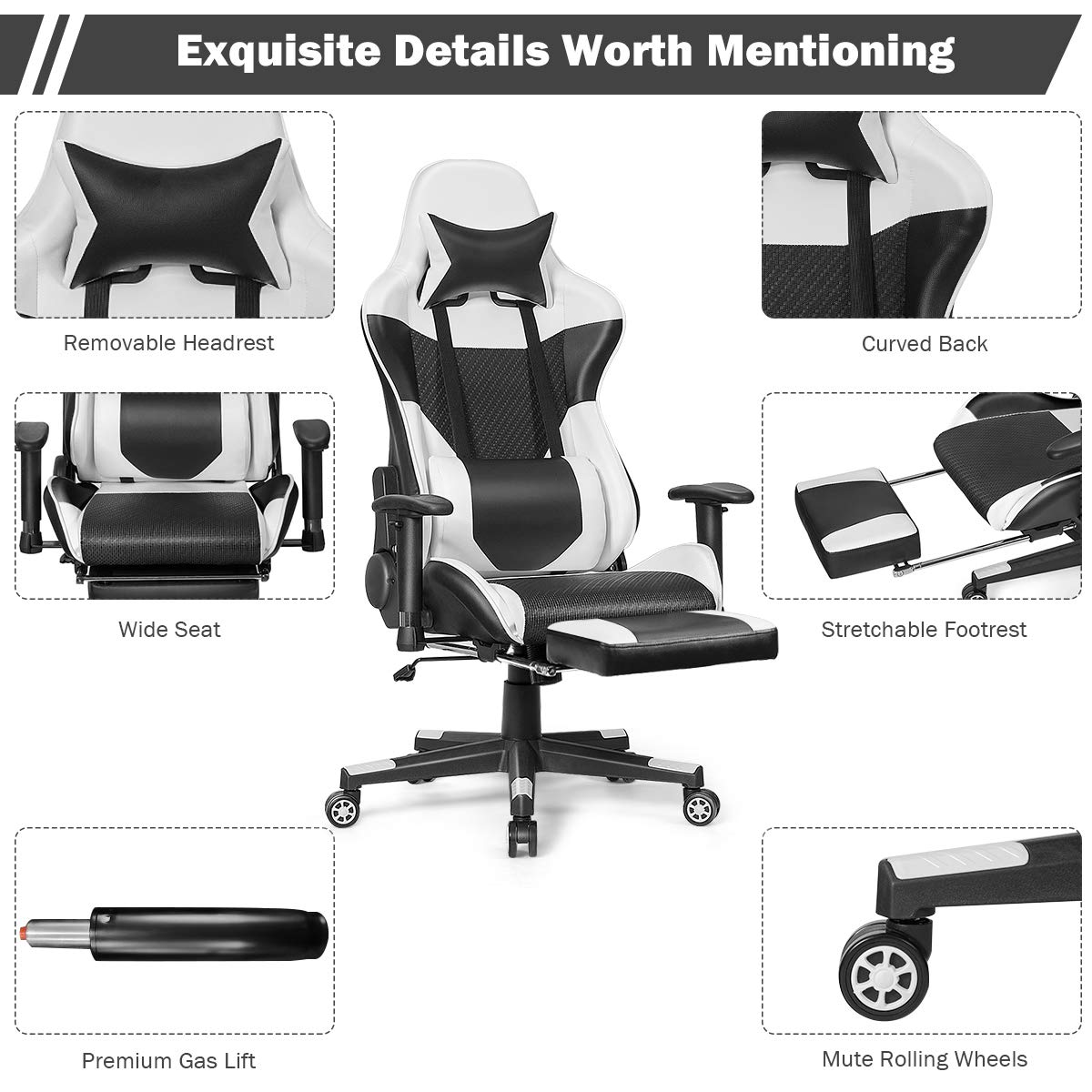 Giantex Ergonomic Massage Gaming Chair with Footrest & Lumbar Support - High Back PU Leather Computer Chair for E-Sports, Office & Home Use - White (Perfect for Gaming, Working & Relaxing)