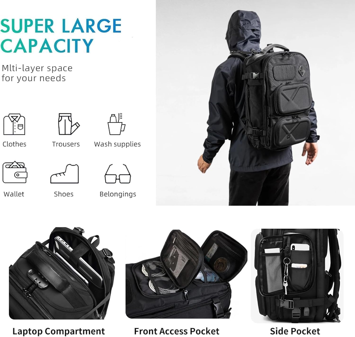 Veria Travel Backpack For Men - 35L & 20L Weather-Resistant Hiking Backpack, 2025 New Edition Dark Black - Perfect for Commuting, Business Travel & Outdoor Adventures