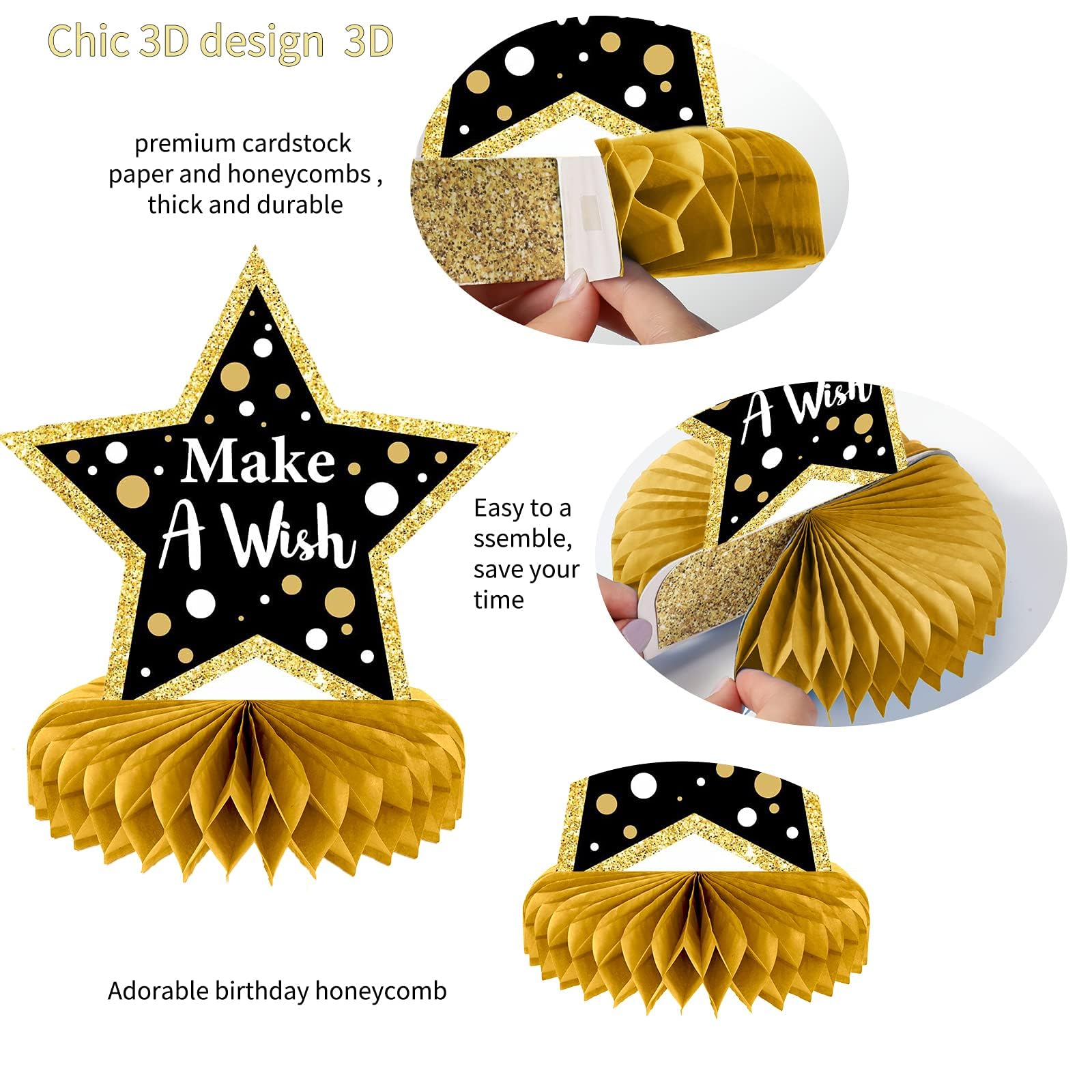 9-Piece Black & Gold Birthday Party Decor Set - Honeycomb Table Toppers, Centerpieces for Men & Women | Perfect for Adult Birthday Celebrations, Anniversary Parties & Special Event Decorations