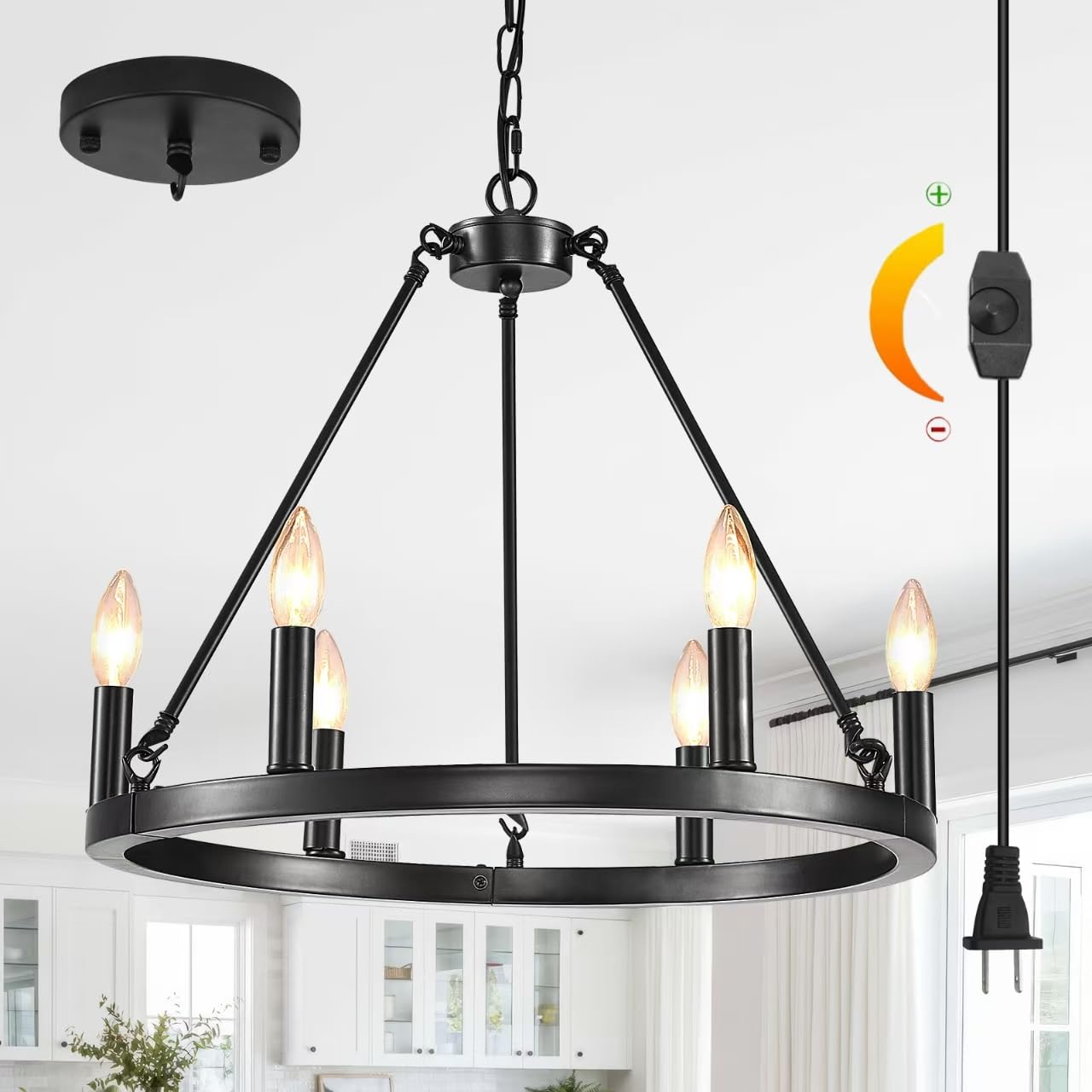 HOXIYA 6-Light Dimmable Plug-in Wagon Wheel Chandelier - 20.5